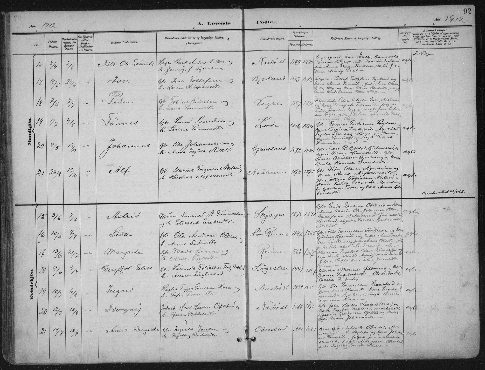 Hå sokneprestkontor, AV/SAST-A-101801/002/B/L0001: Parish register (official) no. A 11, 1897-1924, p. 92