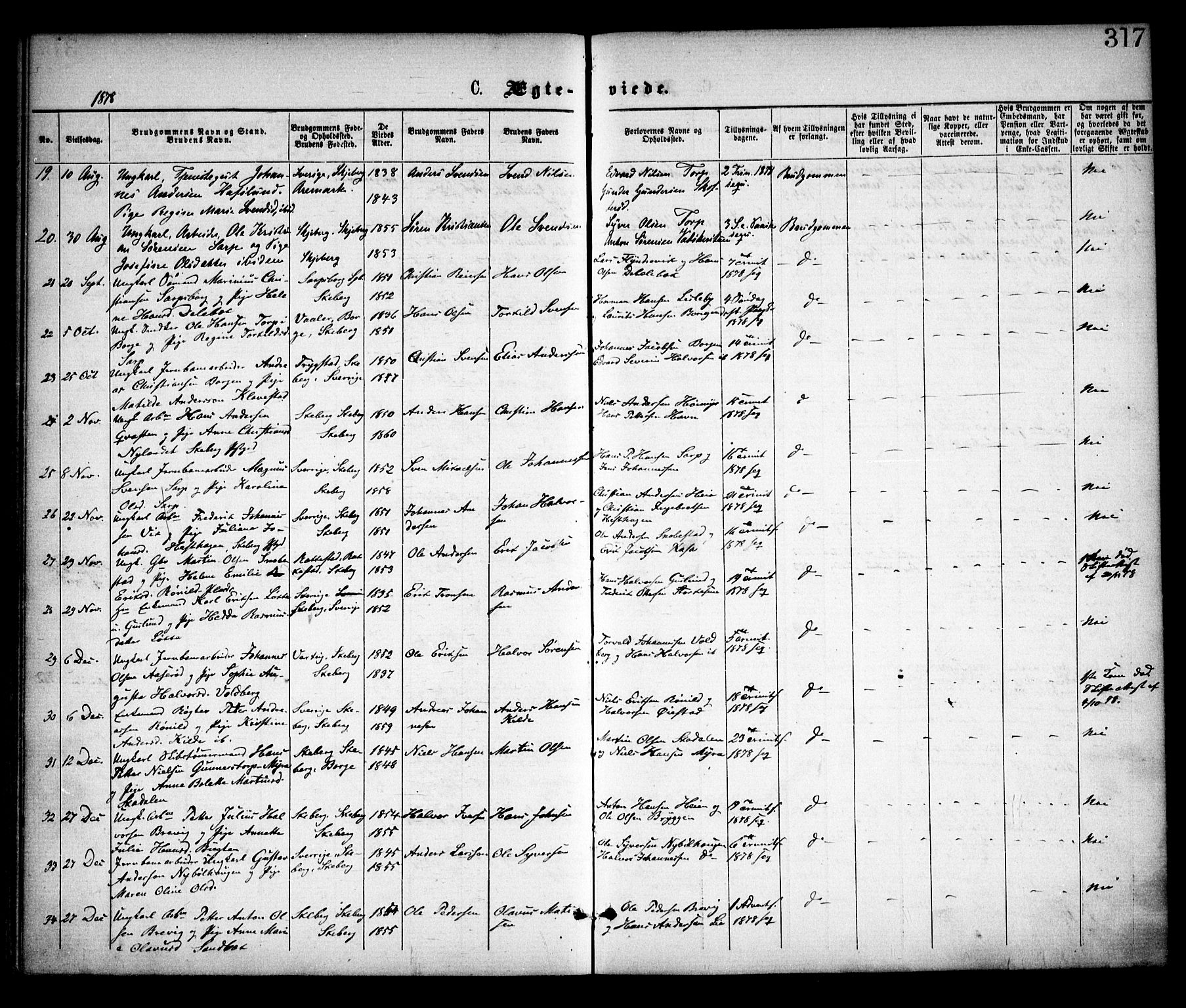 Skjeberg prestekontor Kirkebøker, SAO/A-10923/F/Fa/L0008: Parish register (official) no. I 8, 1869-1885, p. 317