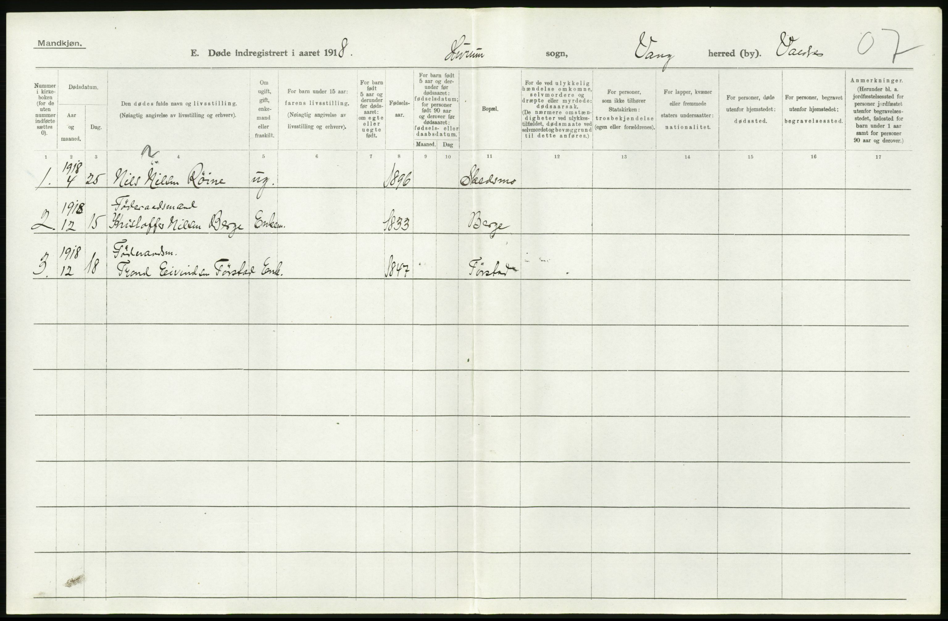 Statistisk sentralbyrå, Sosiodemografiske emner, Befolkning, AV/RA-S-2228/D/Df/Dfb/Dfbh/L0017: Oppland fylke: Døde. Bygder og byer., 1918, p. 474