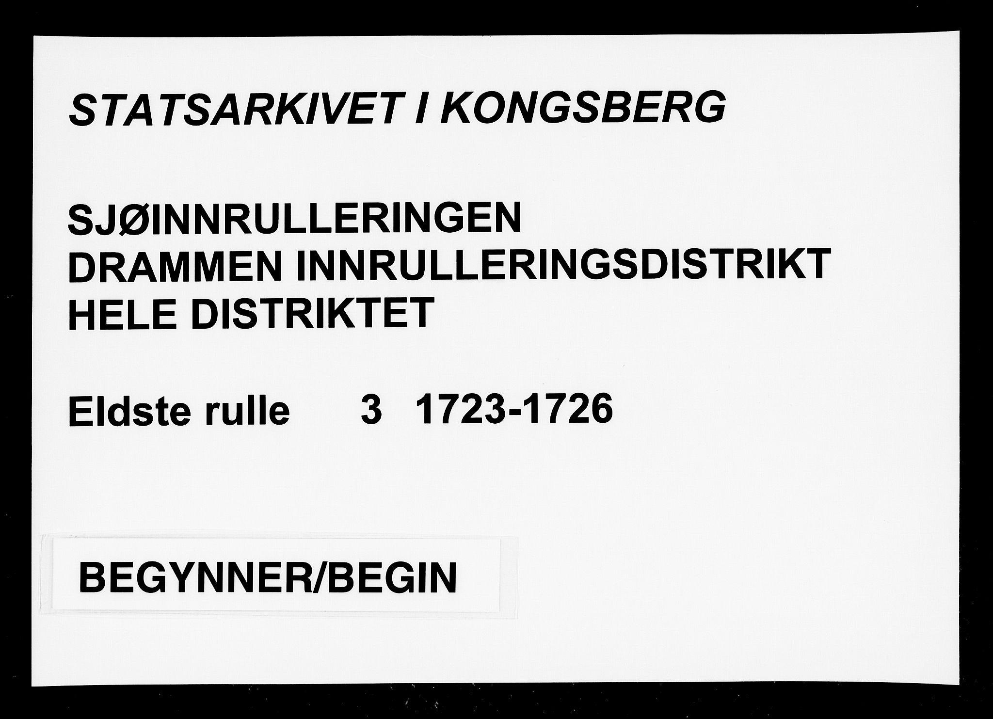 Drammen innrulleringsdistrikt, AV/SAKO-A-781/F/Fa/L0003: Hovedrulle over sjøfolk i Bragernes distrikt som har blitt innrullert, 1723-1726, p. 1
