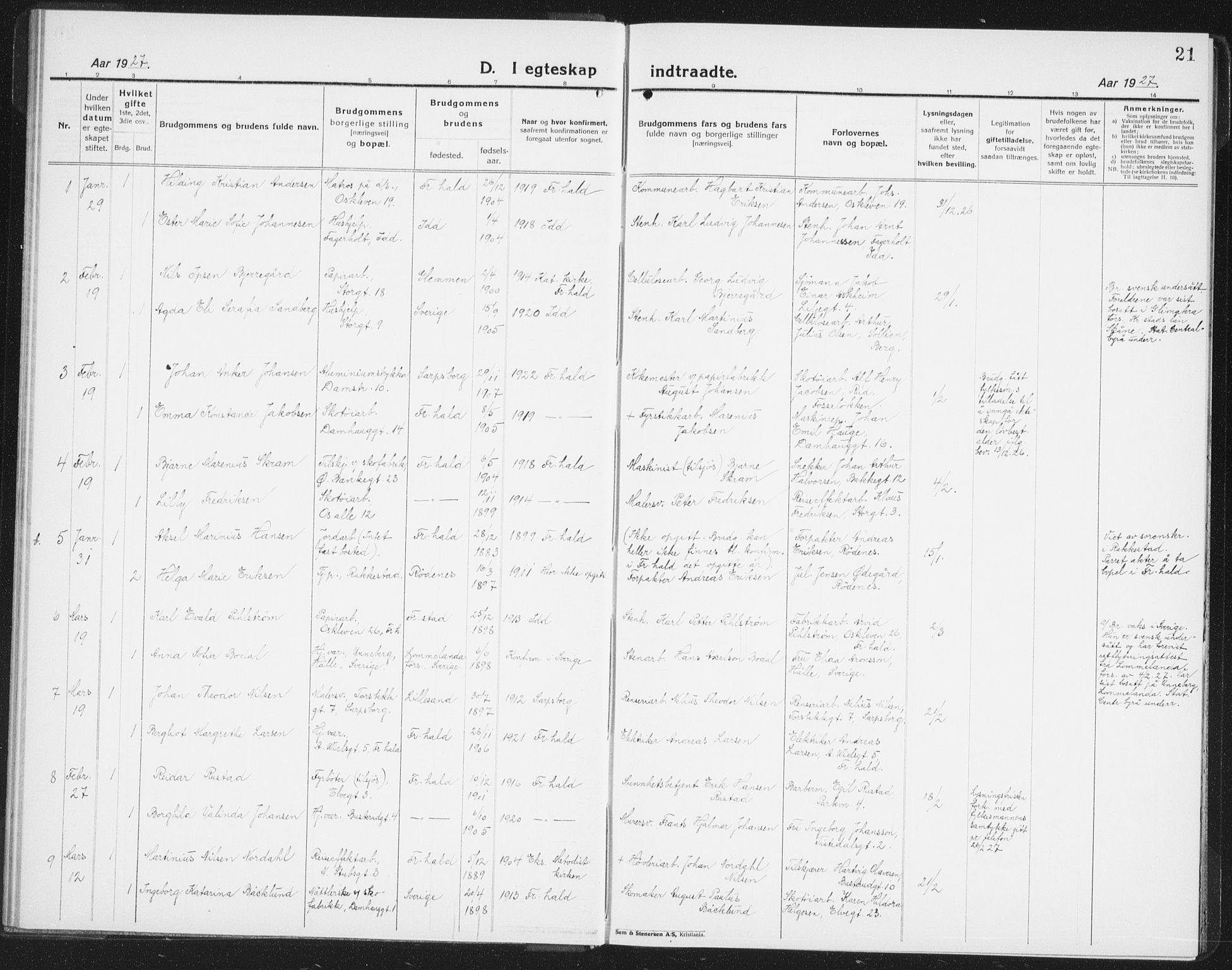 Halden prestekontor Kirkebøker, SAO/A-10909/G/Ga/L0014: Parish register (copy) no. 14, 1925-1943, p. 21