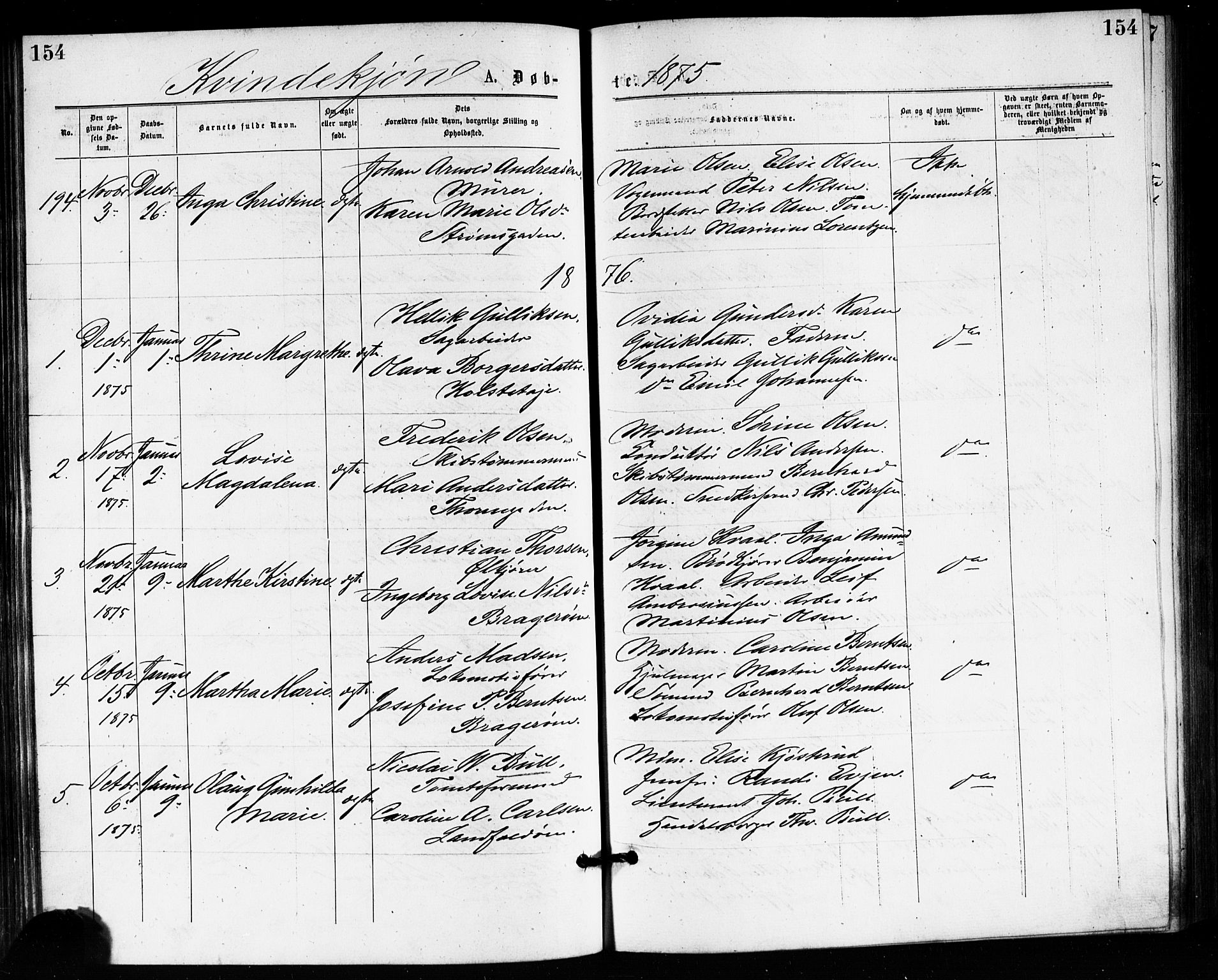 Bragernes kirkebøker, SAKO/A-6/F/Fb/L0005: Parish register (official) no. II 5, 1875-1877, p. 154