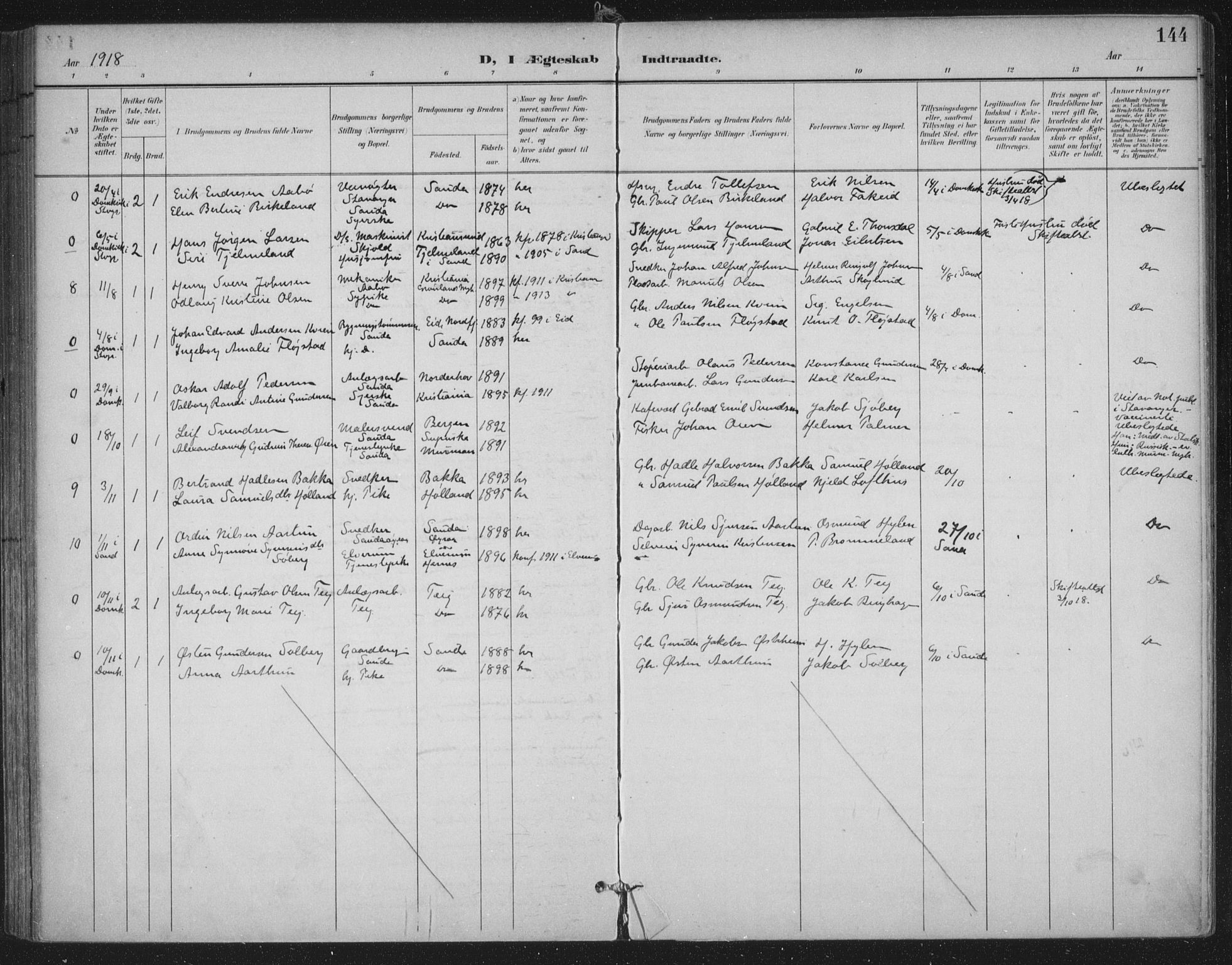 Sand sokneprestkontor, AV/SAST-A-101848/03/C/L0001: Parish register (official) no. A 7, 1899-1928, p. 144