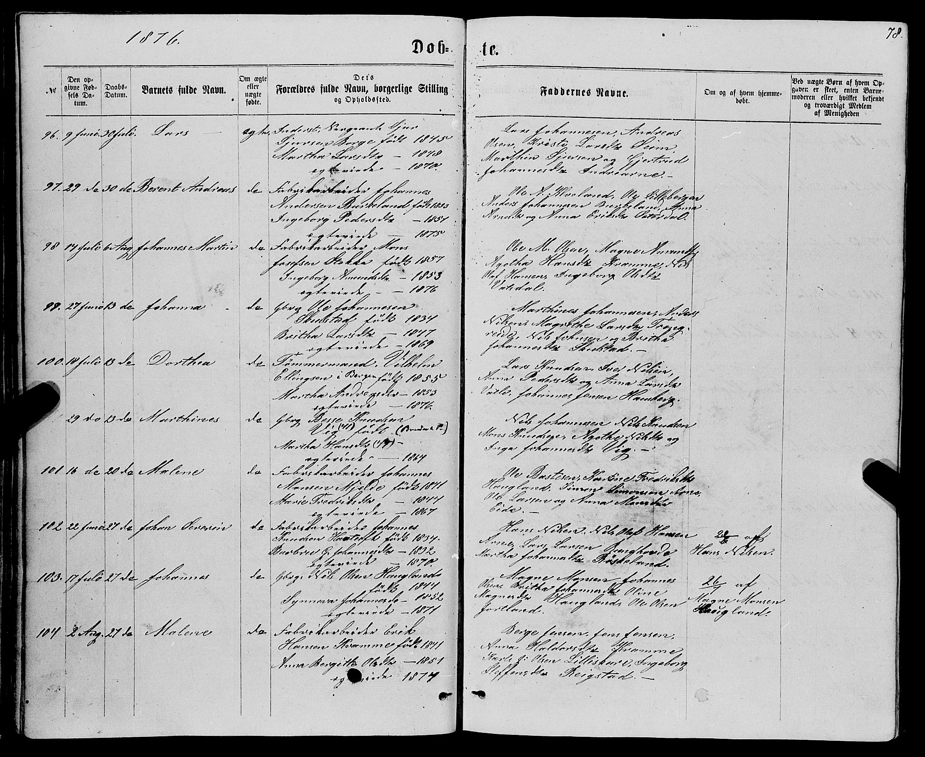 Haus sokneprestembete, SAB/A-75601/H/Haa: Parish register (official) no. A 18, 1871-1877, p. 78
