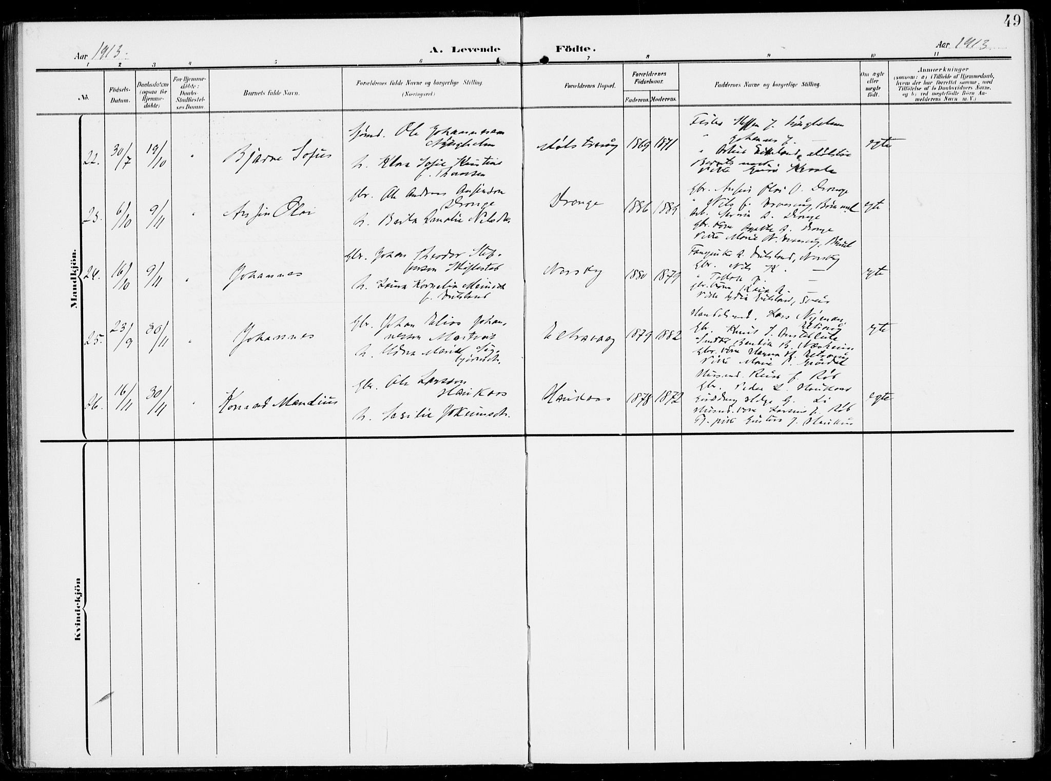 Sveio Sokneprestembete, AV/SAB-A-78501/H/Haa: Parish register (official) no. B  4, 1906-1919, p. 49