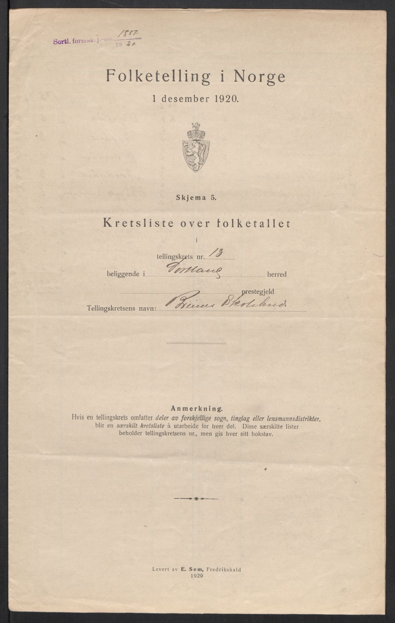 SAT, 1920 census for Sortland, 1920, p. 50