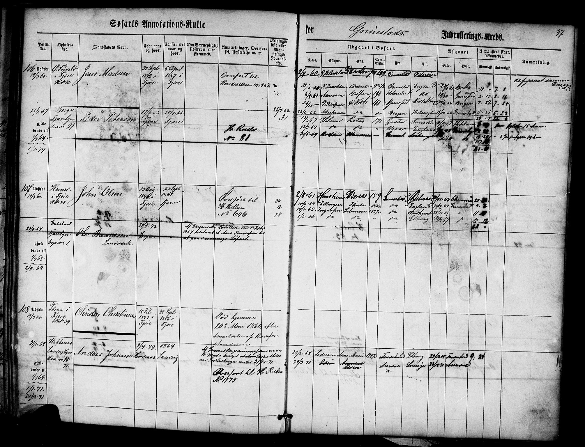 Grimstad mønstringskrets, AV/SAK-2031-0013/F/Fa/L0004: Annotasjonsrulle nr 1-435 med register, V-17, 1860-1867, p. 56