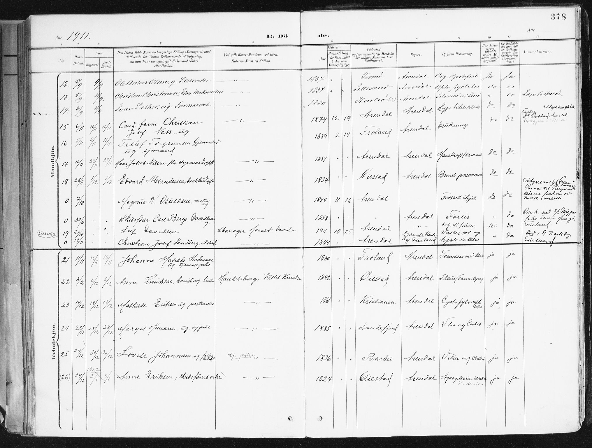 Arendal sokneprestkontor, Trefoldighet, AV/SAK-1111-0040/F/Fa/L0010: Parish register (official) no. A 10, 1900-1919, p. 378