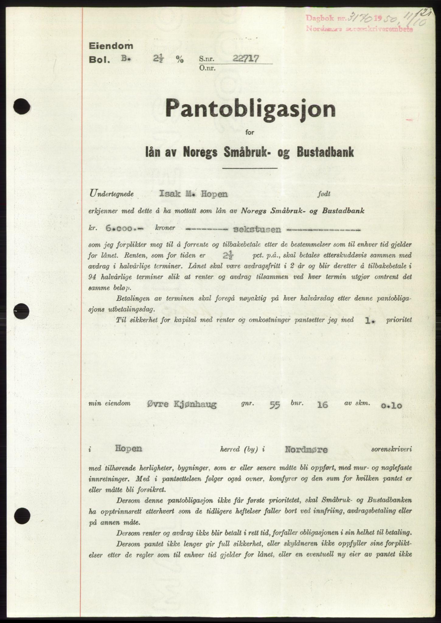 Nordmøre sorenskriveri, AV/SAT-A-4132/1/2/2Ca: Mortgage book no. B106, 1950-1950, Diary no: : 3170/1950