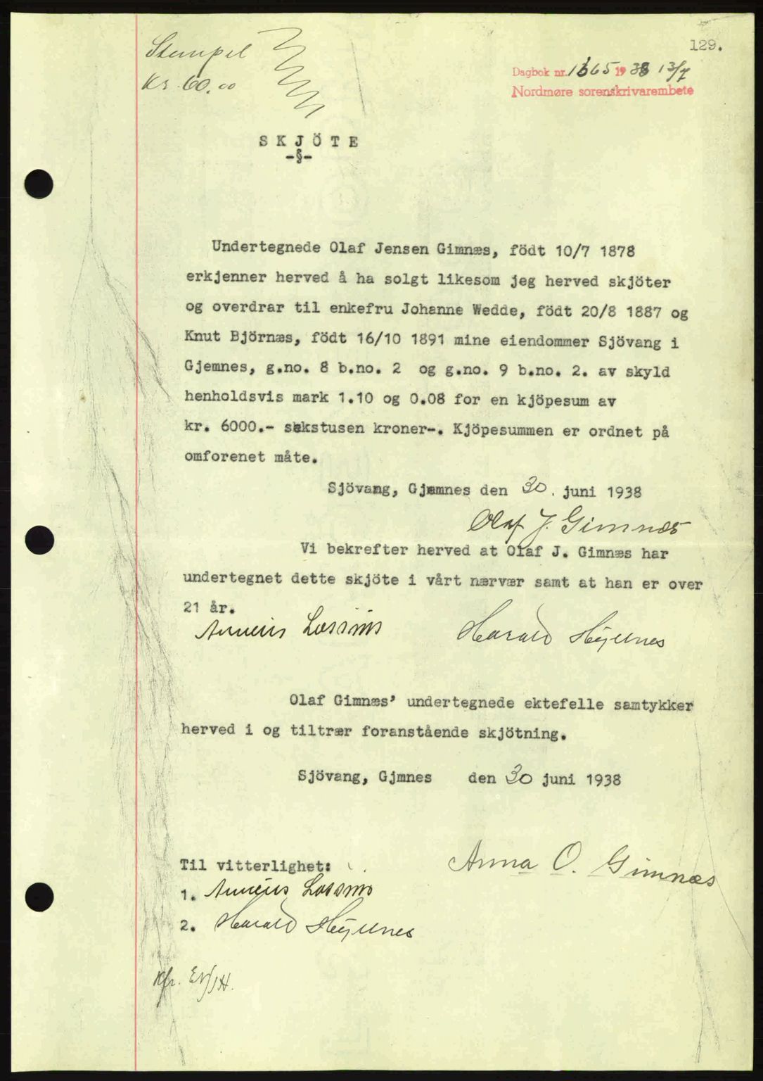 Nordmøre sorenskriveri, SAT/A-4132/1/2/2Ca: Mortgage book no. A84, 1938-1938, Diary no: : 1665/1938