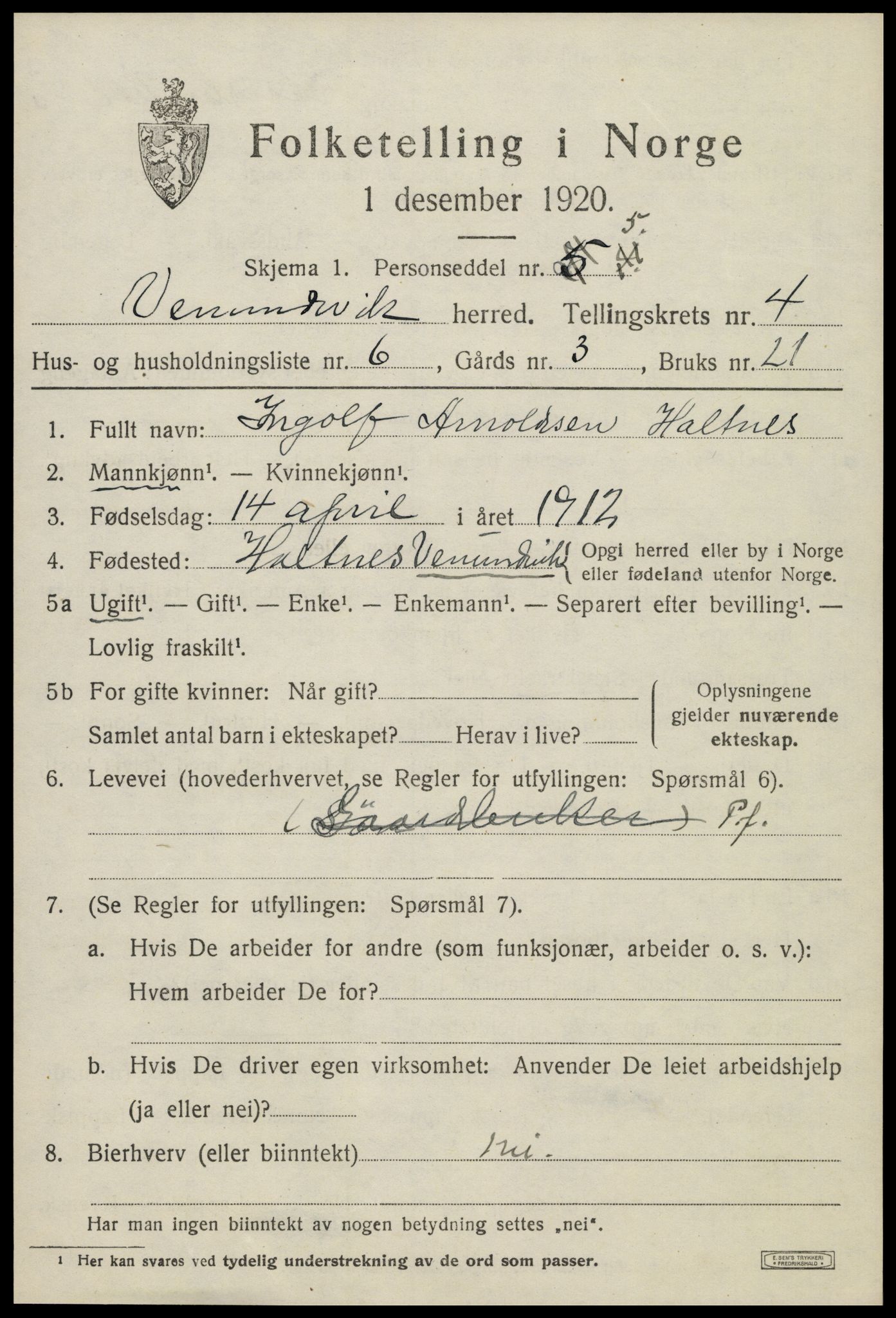 SAT, 1920 census for Vemundvik, 1920, p. 4265