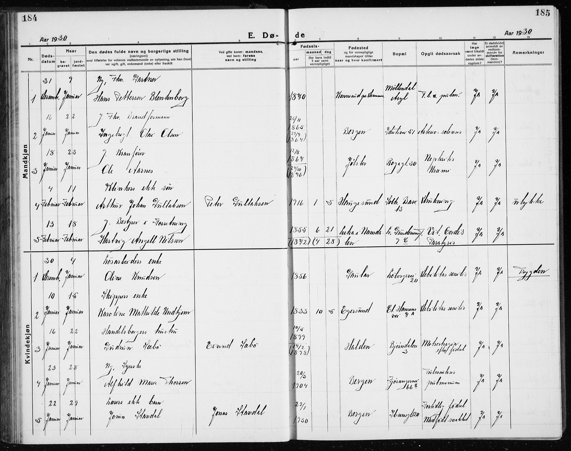 Årstad Sokneprestembete, SAB/A-79301/H/Hab/L0025: Parish register (copy) no. D 2, 1922-1940, p. 184-185