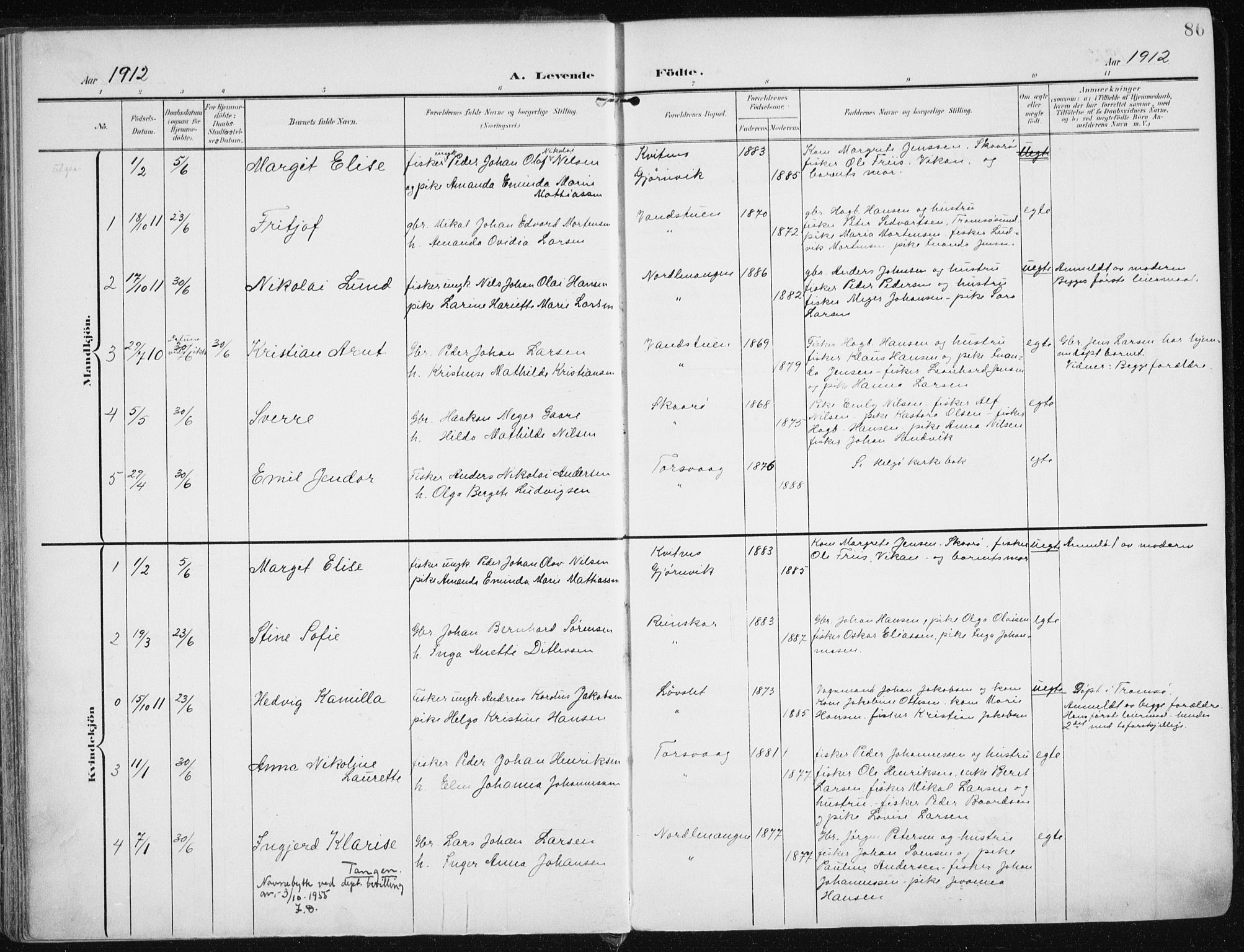 Karlsøy sokneprestembete, SATØ/S-1299/H/Ha/Haa/L0014kirke: Parish register (official) no. 14, 1903-1917, p. 86