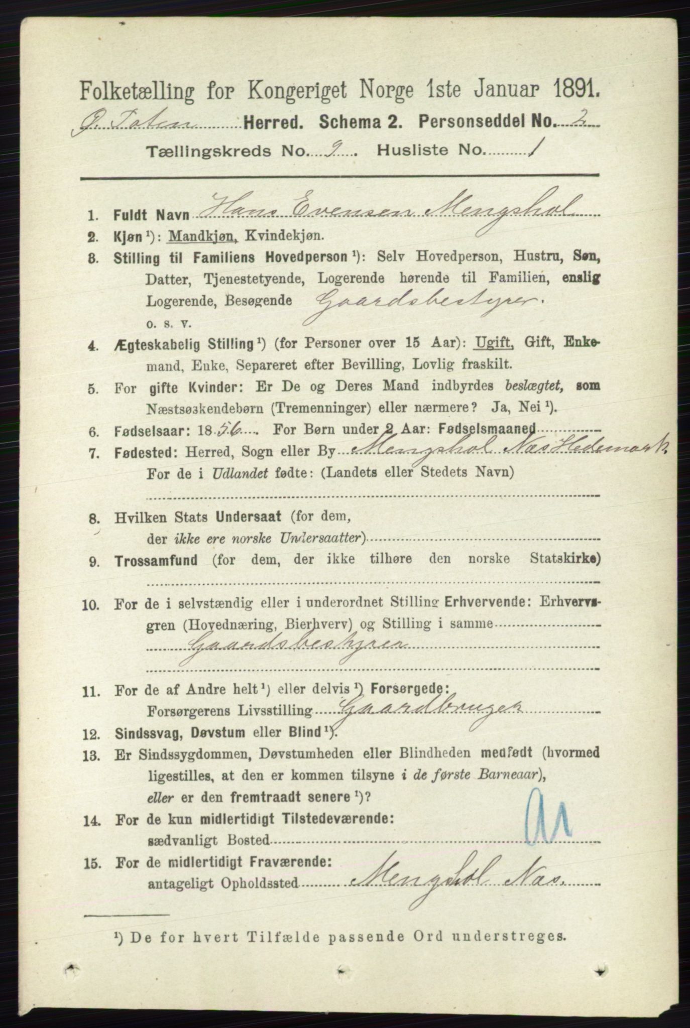 RA, 1891 census for 0528 Østre Toten, 1891, p. 5647