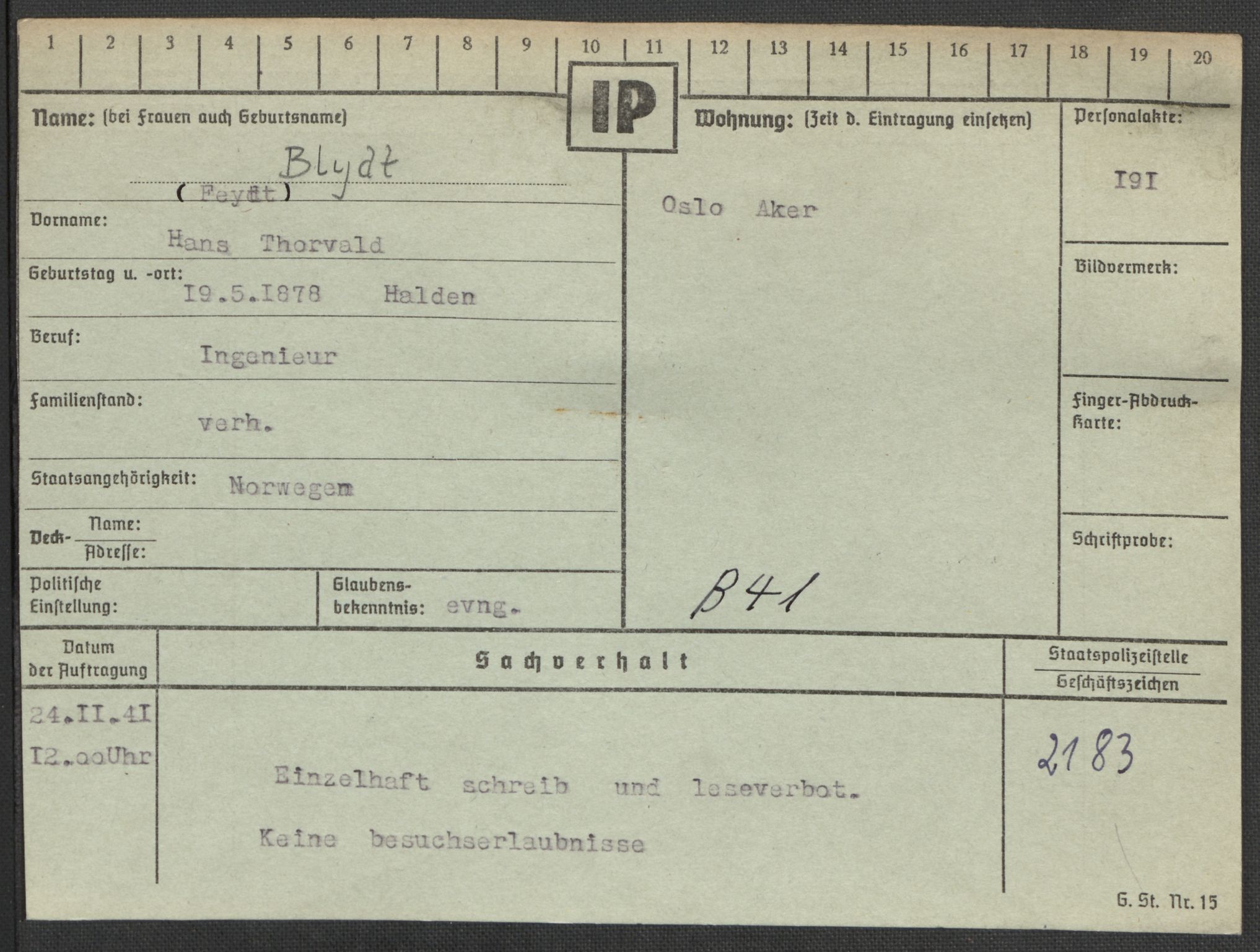 Befehlshaber der Sicherheitspolizei und des SD, AV/RA-RAFA-5969/E/Ea/Eaa/L0002: Register over norske fanger i Møllergata 19: Bj-Eng, 1940-1945, p. 54