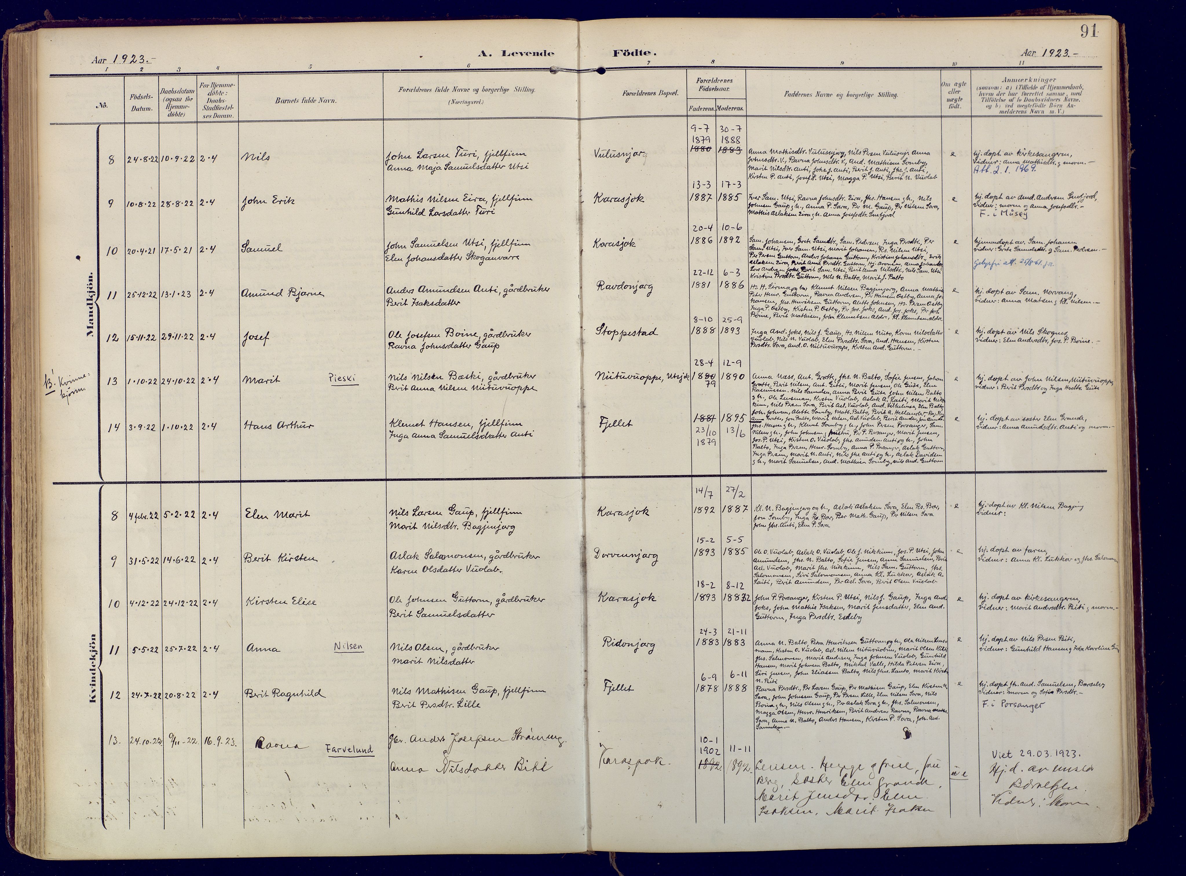 Karasjok sokneprestkontor, AV/SATØ-S-1352/H/Ha: Parish register (official) no. 3, 1907-1926, p. 91