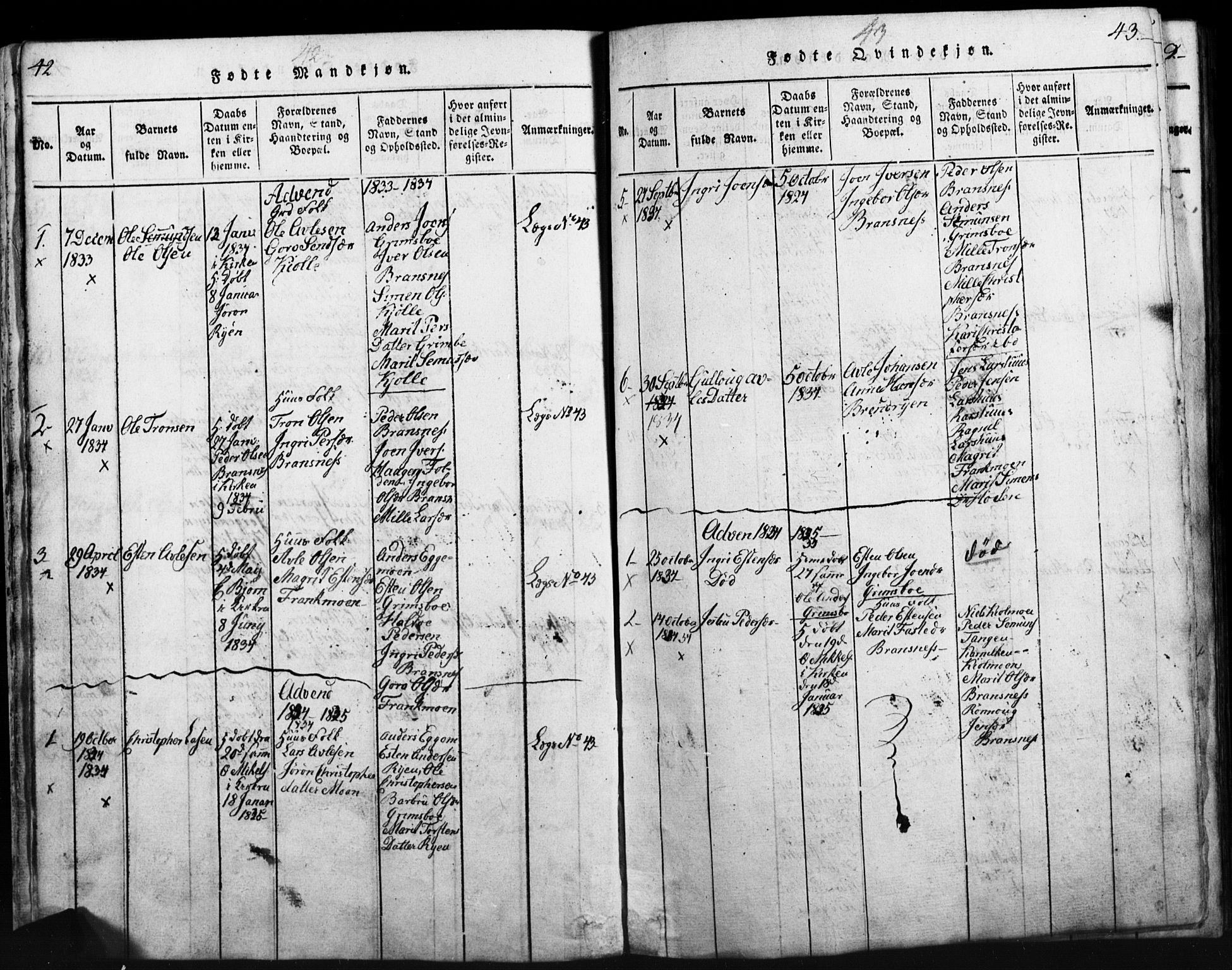 Tynset prestekontor, SAH/PREST-058/H/Ha/Hab/L0003: Parish register (copy) no. 3, 1814-1862, p. 42-43