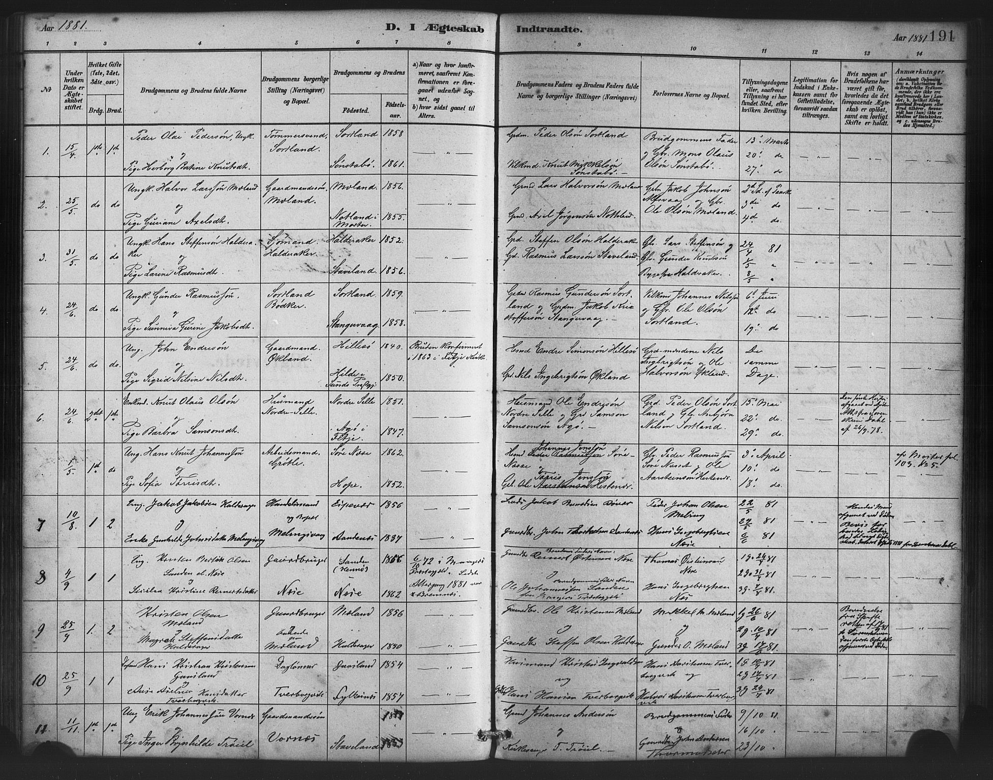 Finnås sokneprestembete, SAB/A-99925/H/Ha/Haa/Haac/L0001: Parish register (official) no. C 1, 1881-1894, p. 191