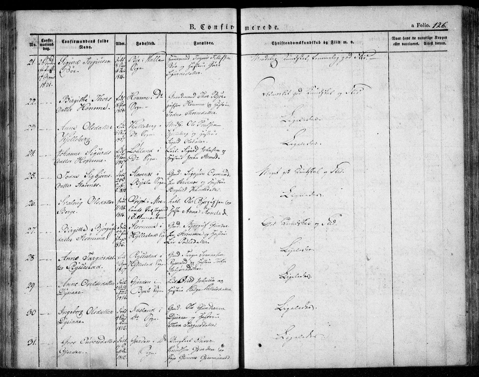 Valle sokneprestkontor, AV/SAK-1111-0044/F/Fa/Fac/L0006: Parish register (official) no. A 6, 1831-1853, p. 126