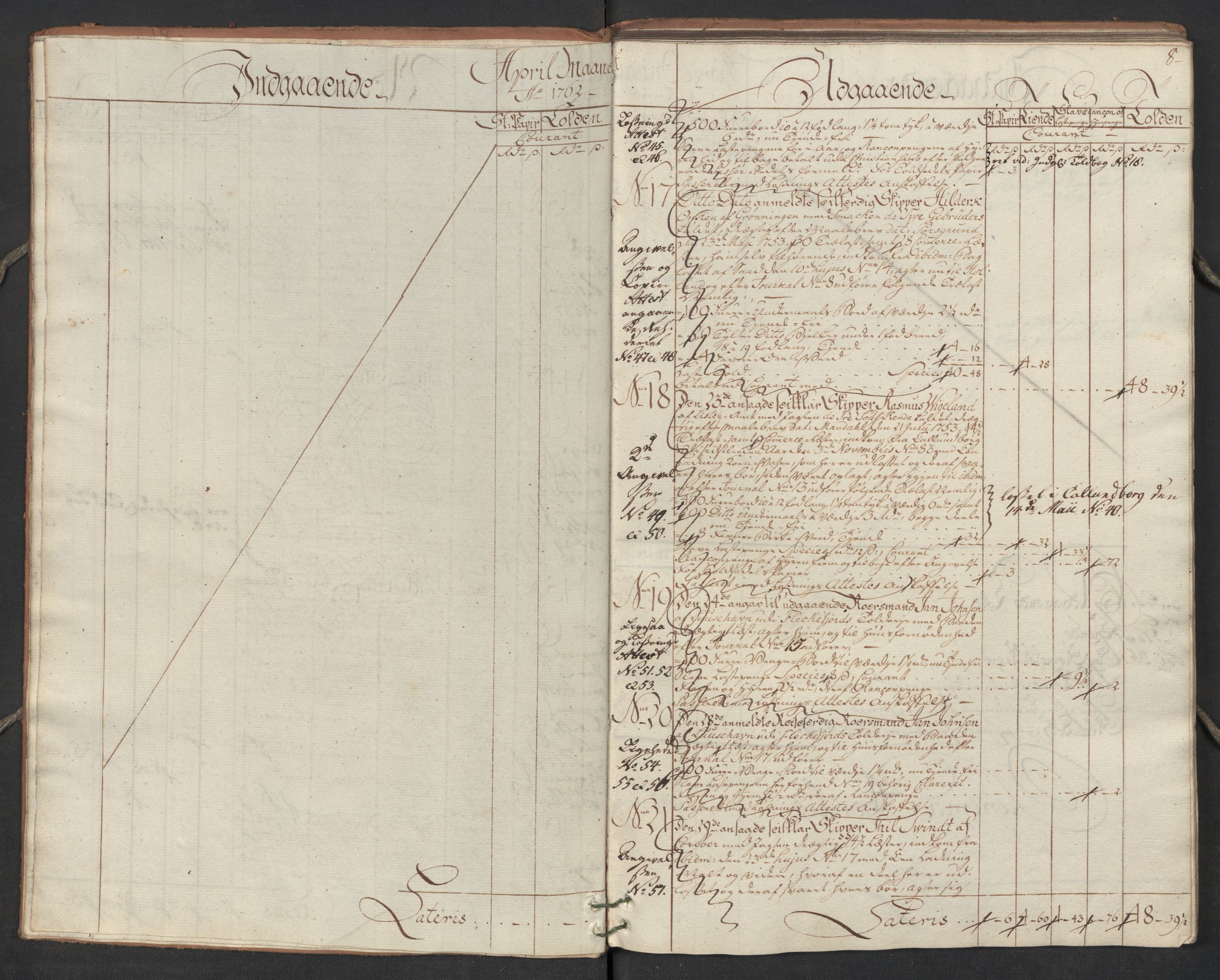 Generaltollkammeret, tollregnskaper, AV/RA-EA-5490/R17/L0023/0005: Tollregnskaper Mandal / Utgående hovedtollbok, 1762, p. 7b-8a