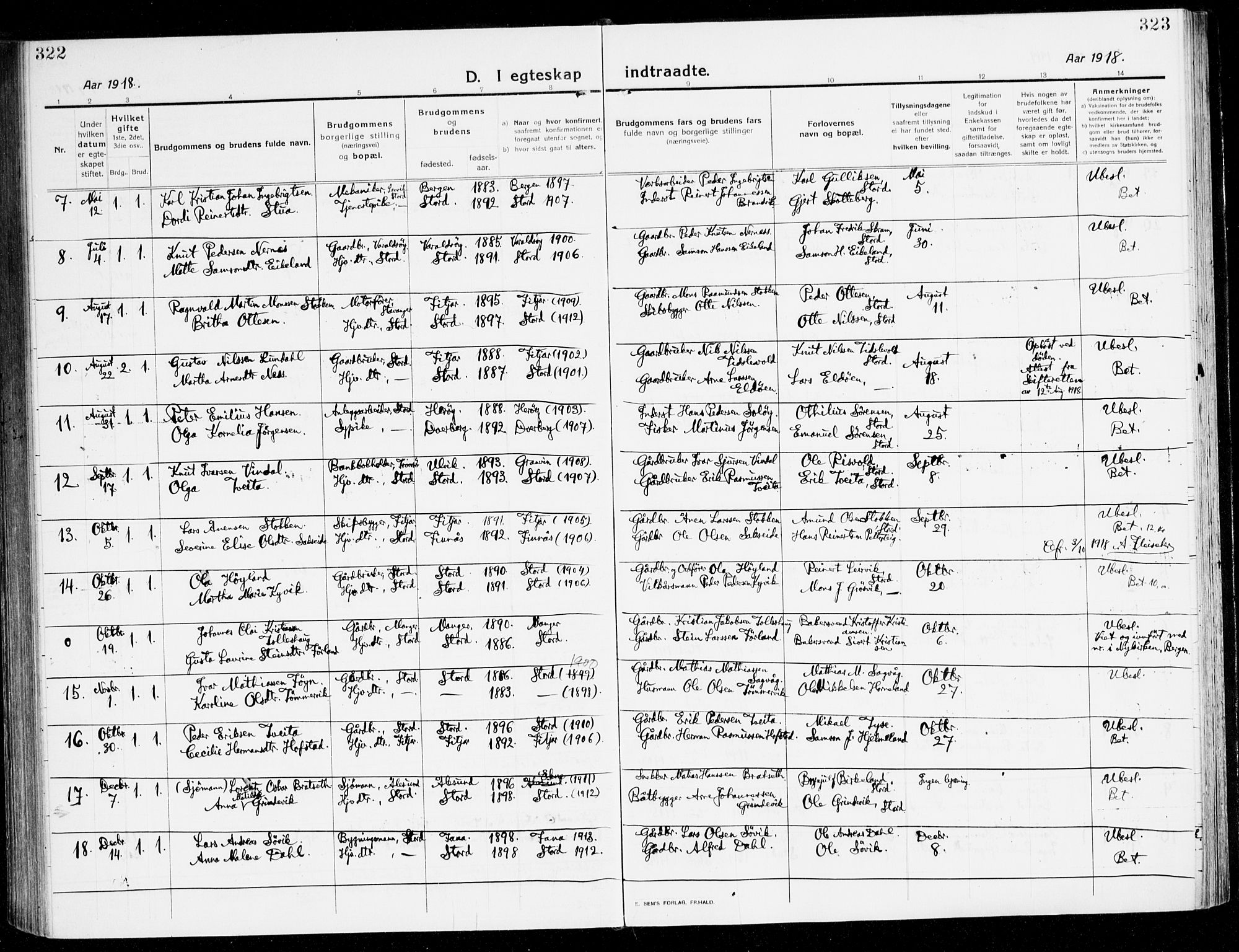 Stord sokneprestembete, AV/SAB-A-78201/H/Haa: Parish register (official) no. B 3, 1913-1925, p. 322-323