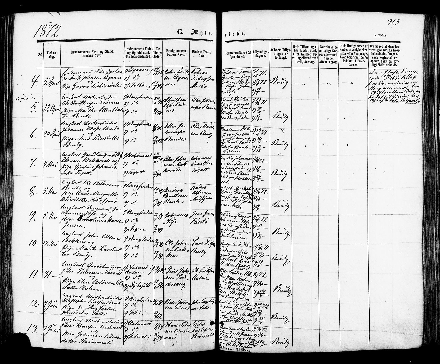 Ministerialprotokoller, klokkerbøker og fødselsregistre - Sør-Trøndelag, SAT/A-1456/681/L0932: Parish register (official) no. 681A10, 1860-1878, p. 313