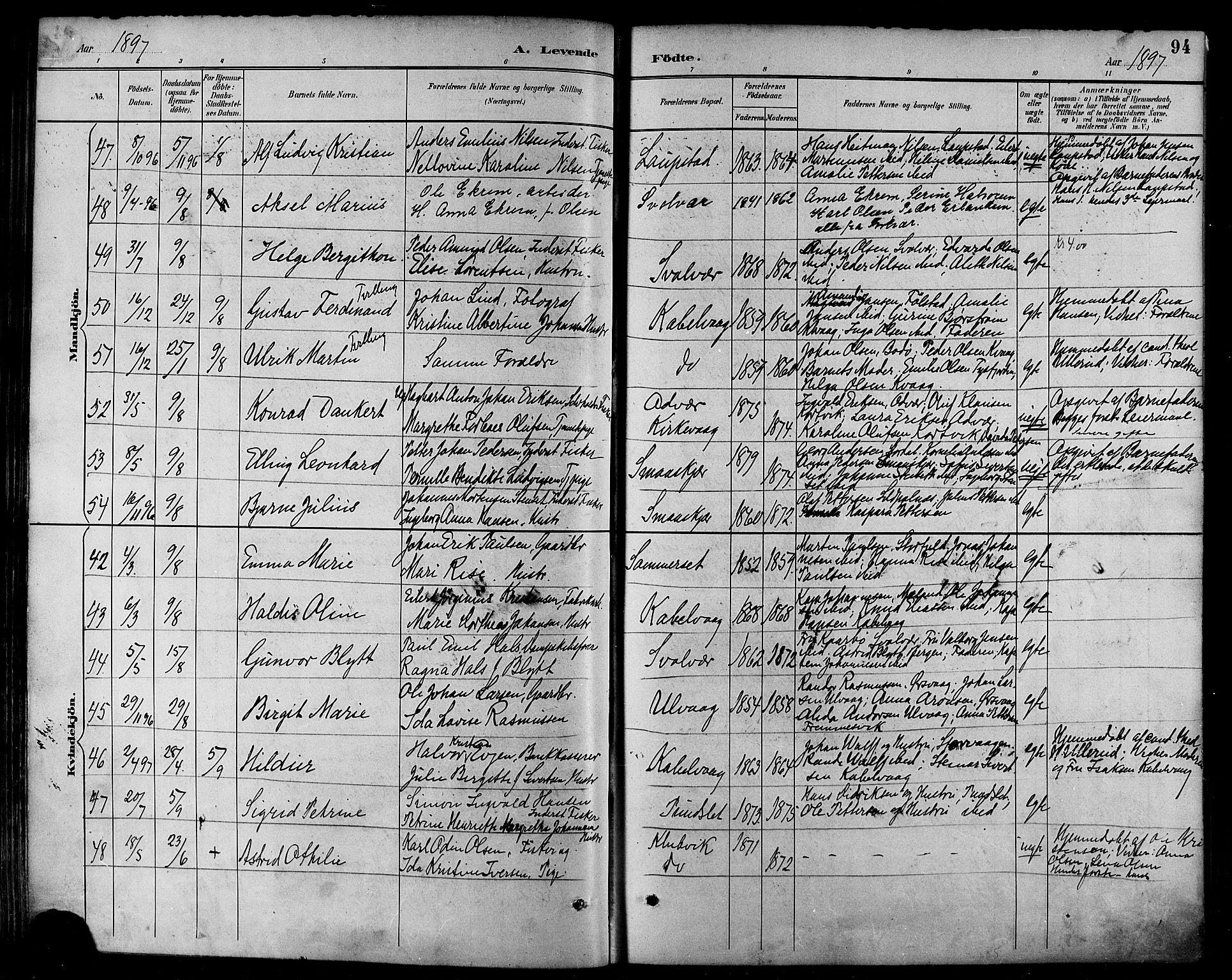 Ministerialprotokoller, klokkerbøker og fødselsregistre - Nordland, AV/SAT-A-1459/874/L1060: Parish register (official) no. 874A04, 1890-1899, p. 94