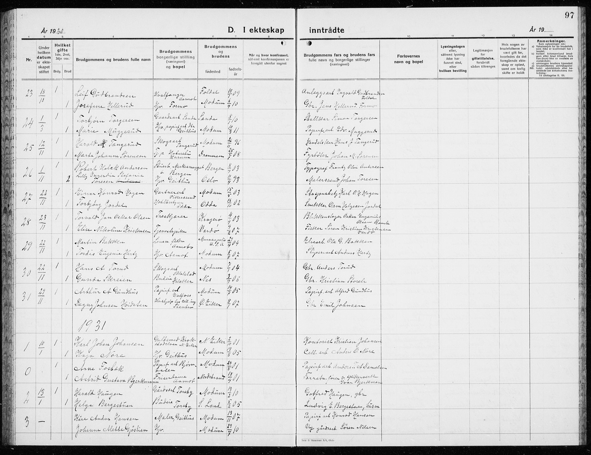 Modum kirkebøker, AV/SAKO-A-234/G/Ga/L0013: Parish register (copy) no. I 13, 1925-1938, p. 97