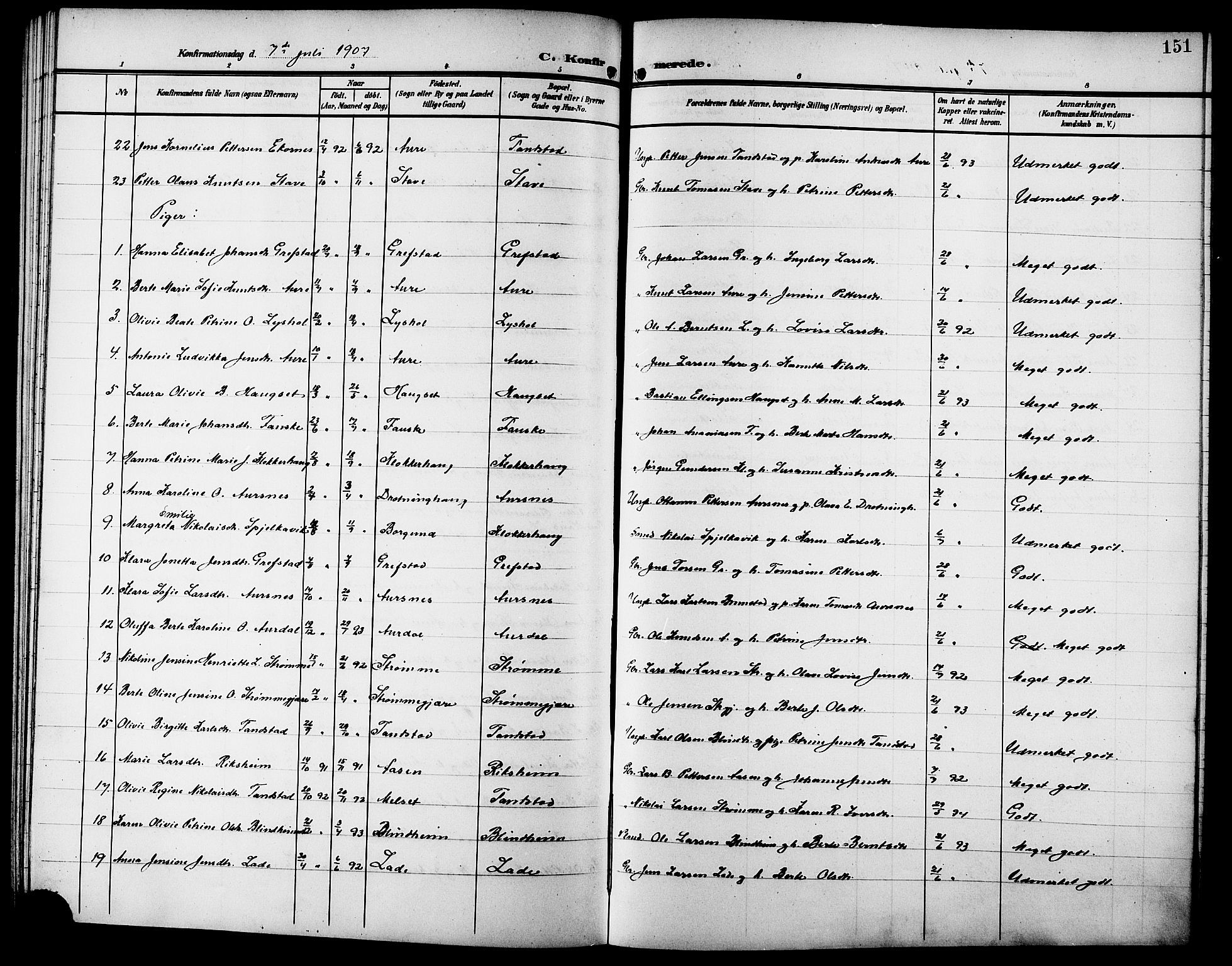 Ministerialprotokoller, klokkerbøker og fødselsregistre - Møre og Romsdal, SAT/A-1454/523/L0341: Parish register (copy) no. 523C04, 1903-1916, p. 151