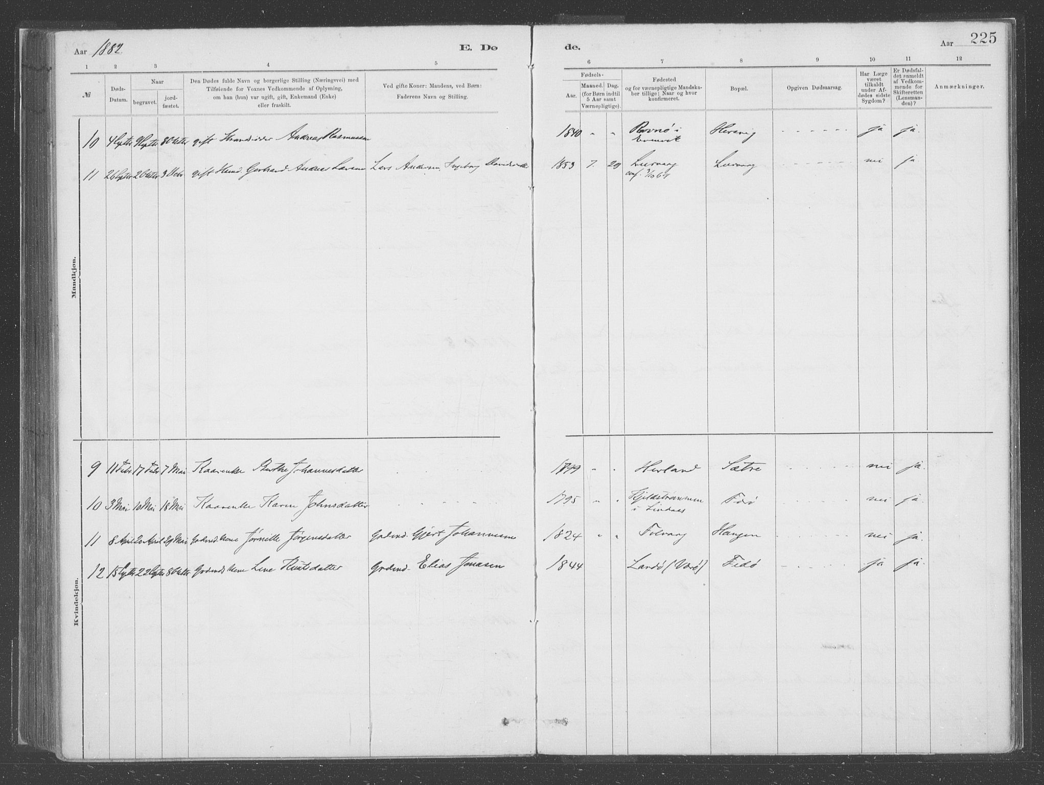 Askvoll sokneprestembete, SAB/A-79501/H/Haa/Haac/L0001: Parish register (official) no. C  1, 1879-1922, p. 225