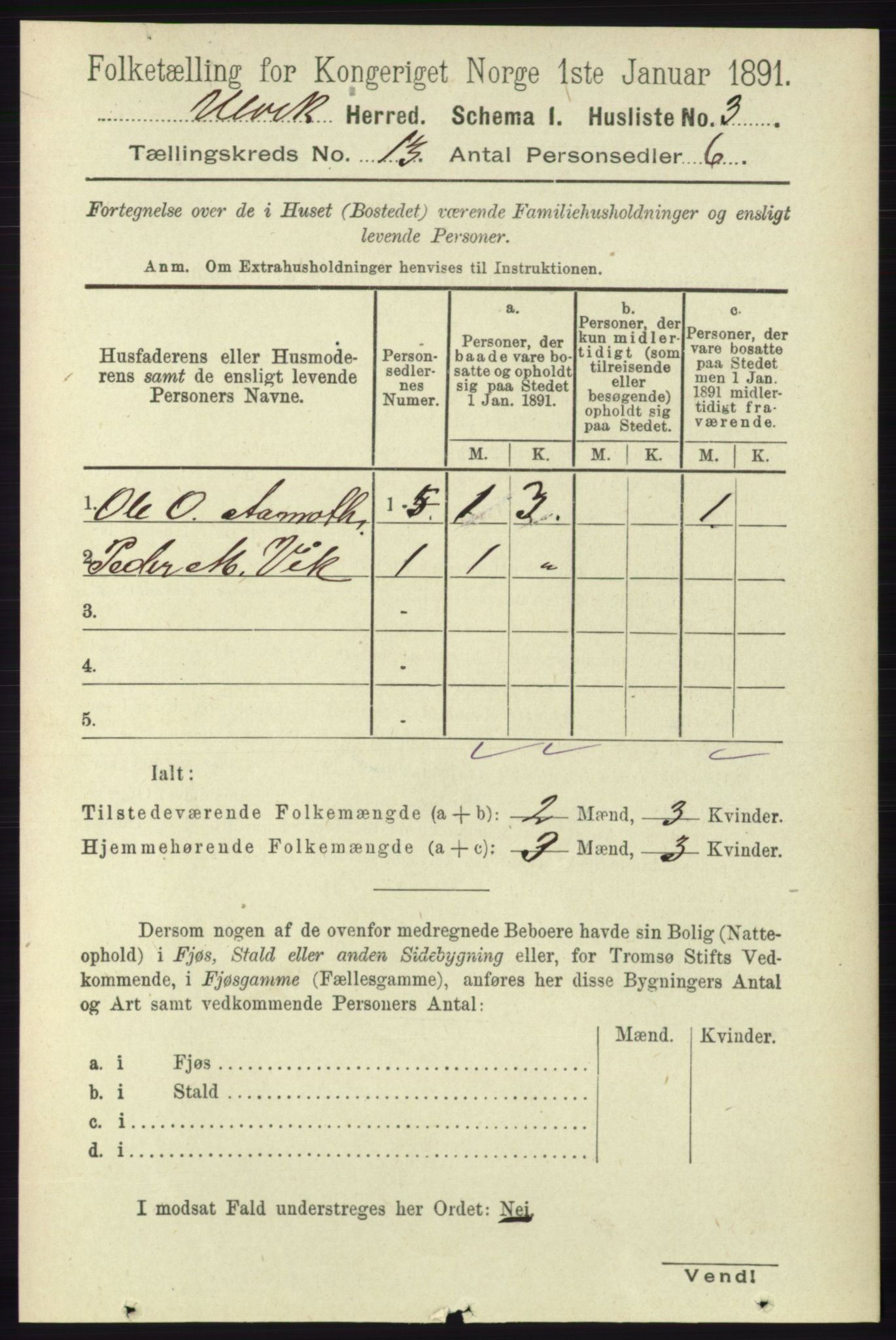 RA, 1891 census for 1233 Ulvik, 1891, p. 3830