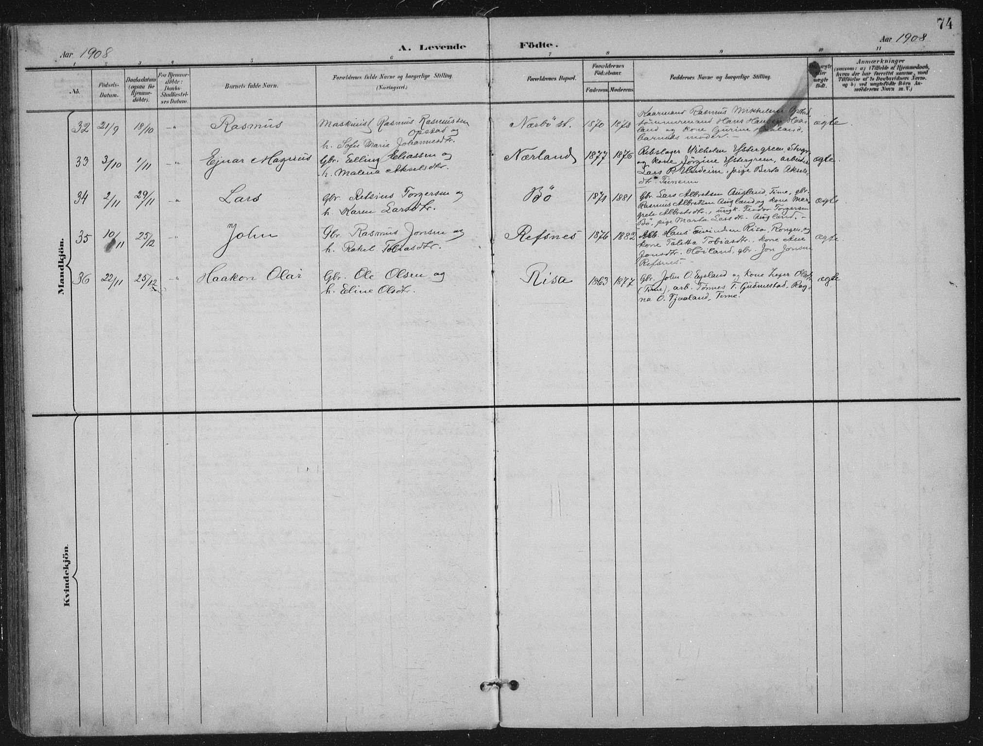 Hå sokneprestkontor, AV/SAST-A-101801/002/B/L0001: Parish register (official) no. A 11, 1897-1924, p. 74