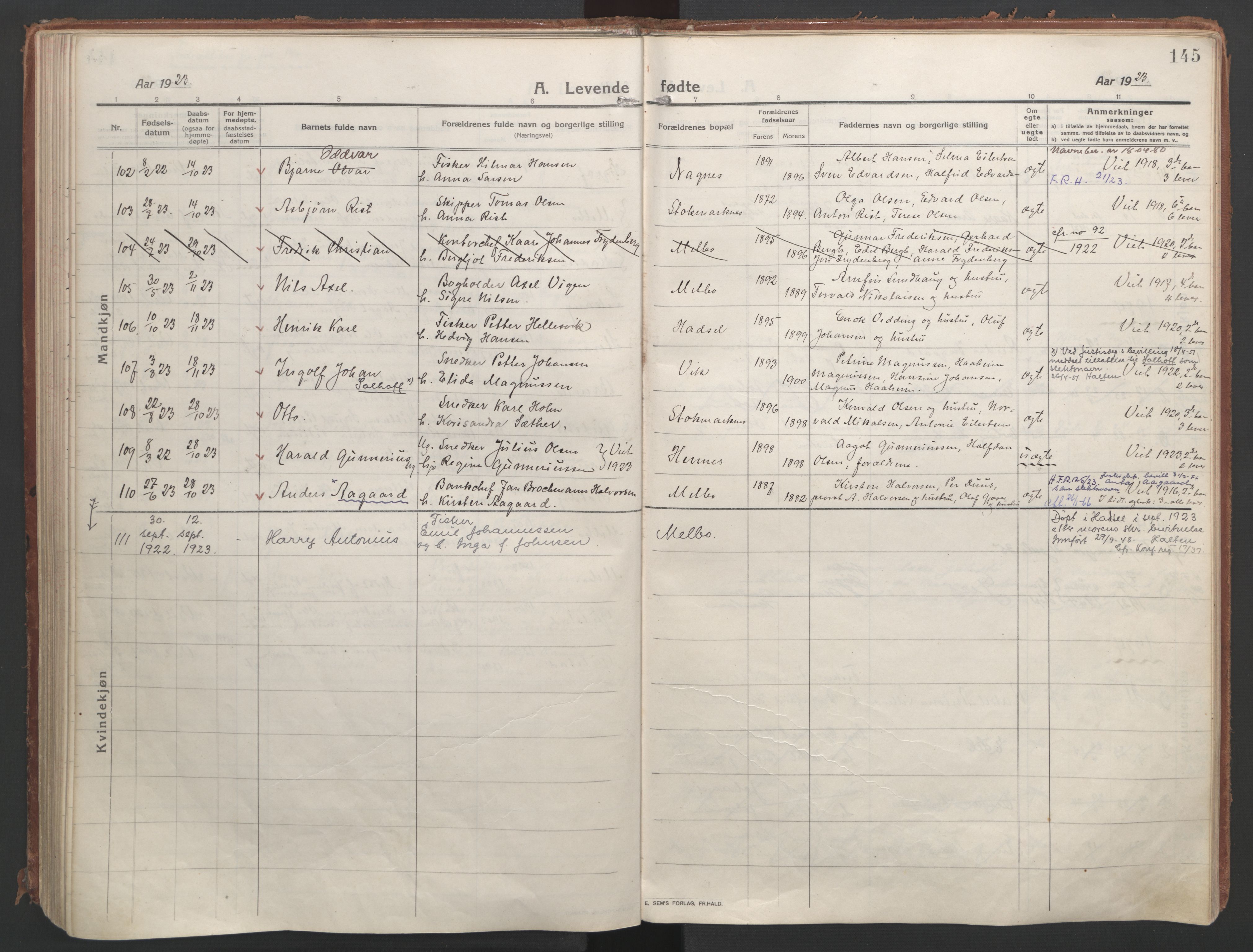 Ministerialprotokoller, klokkerbøker og fødselsregistre - Nordland, AV/SAT-A-1459/888/L1250: Parish register (official) no. 888A16, 1913-1925, p. 145