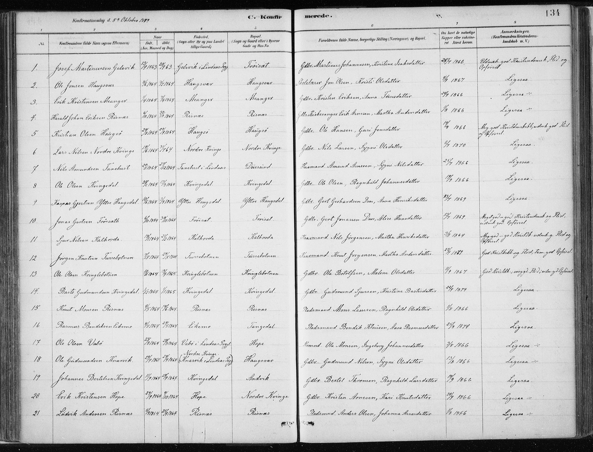 Masfjorden Sokneprestembete, SAB/A-77001: Parish register (official) no. B  1, 1876-1899, p. 134