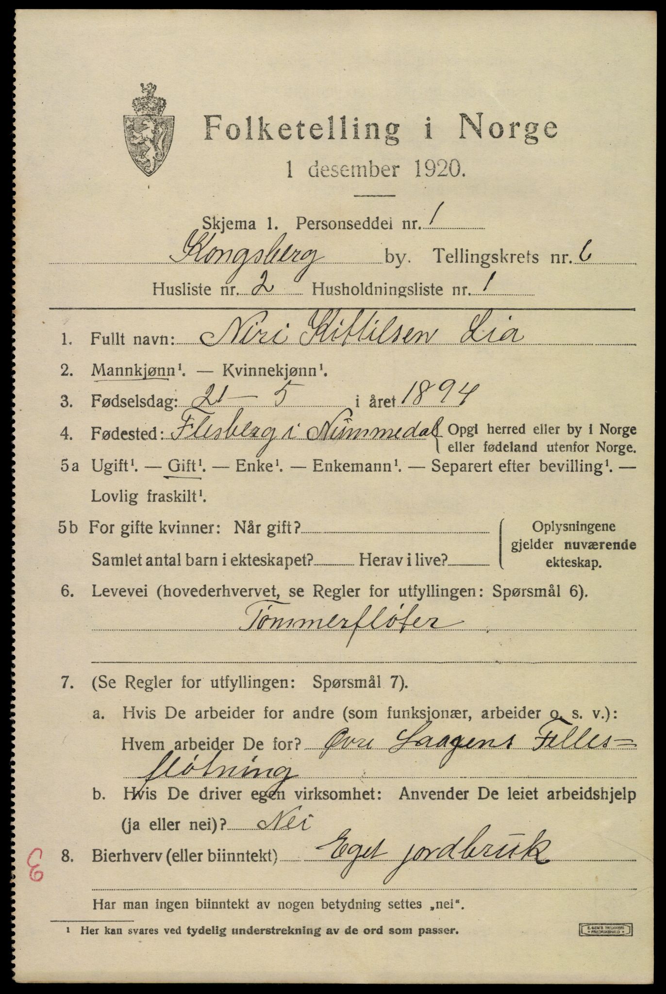 SAKO, 1920 census for Kongsberg, 1920, p. 13580