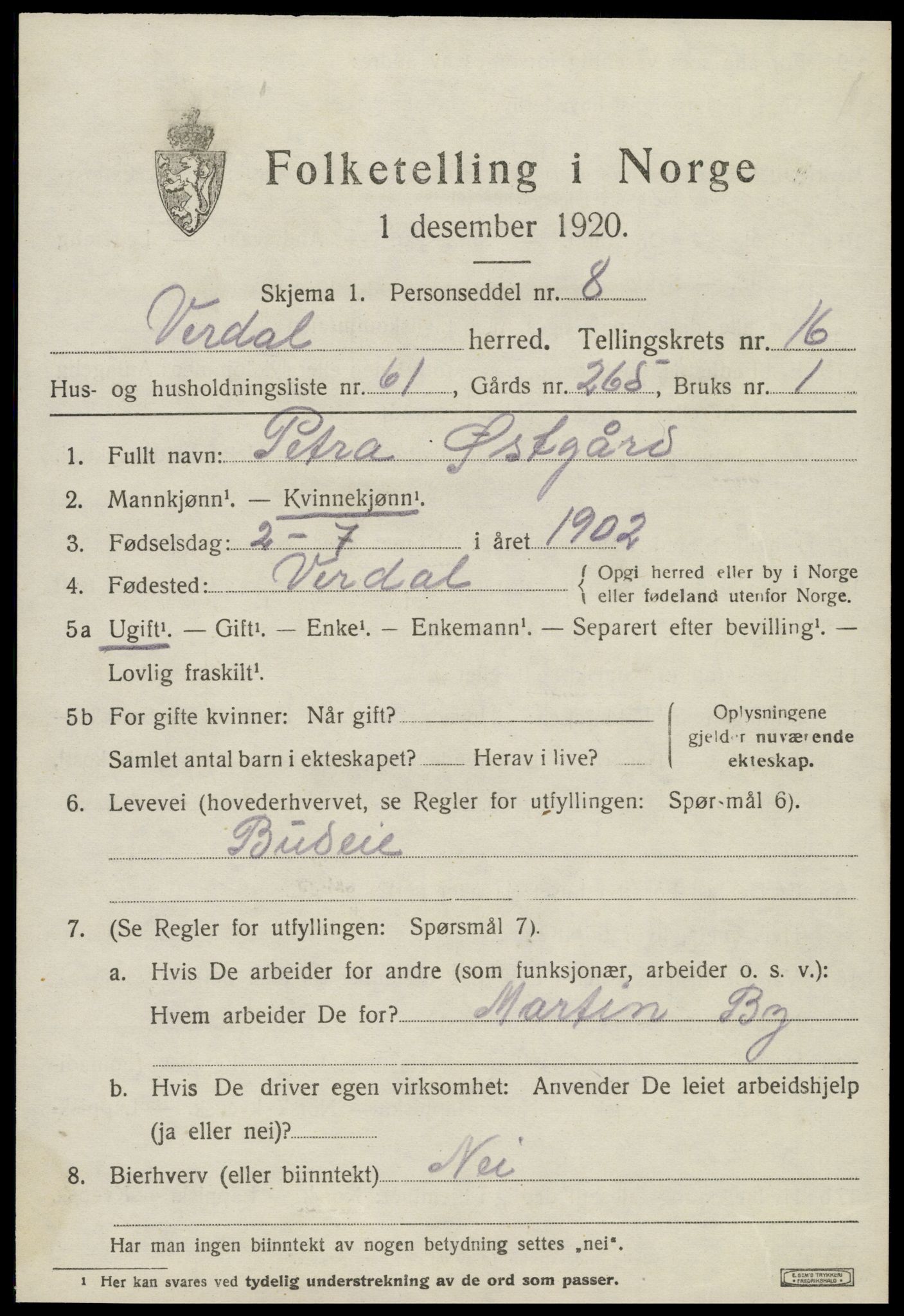 SAT, 1920 census for Verdal, 1920, p. 15549