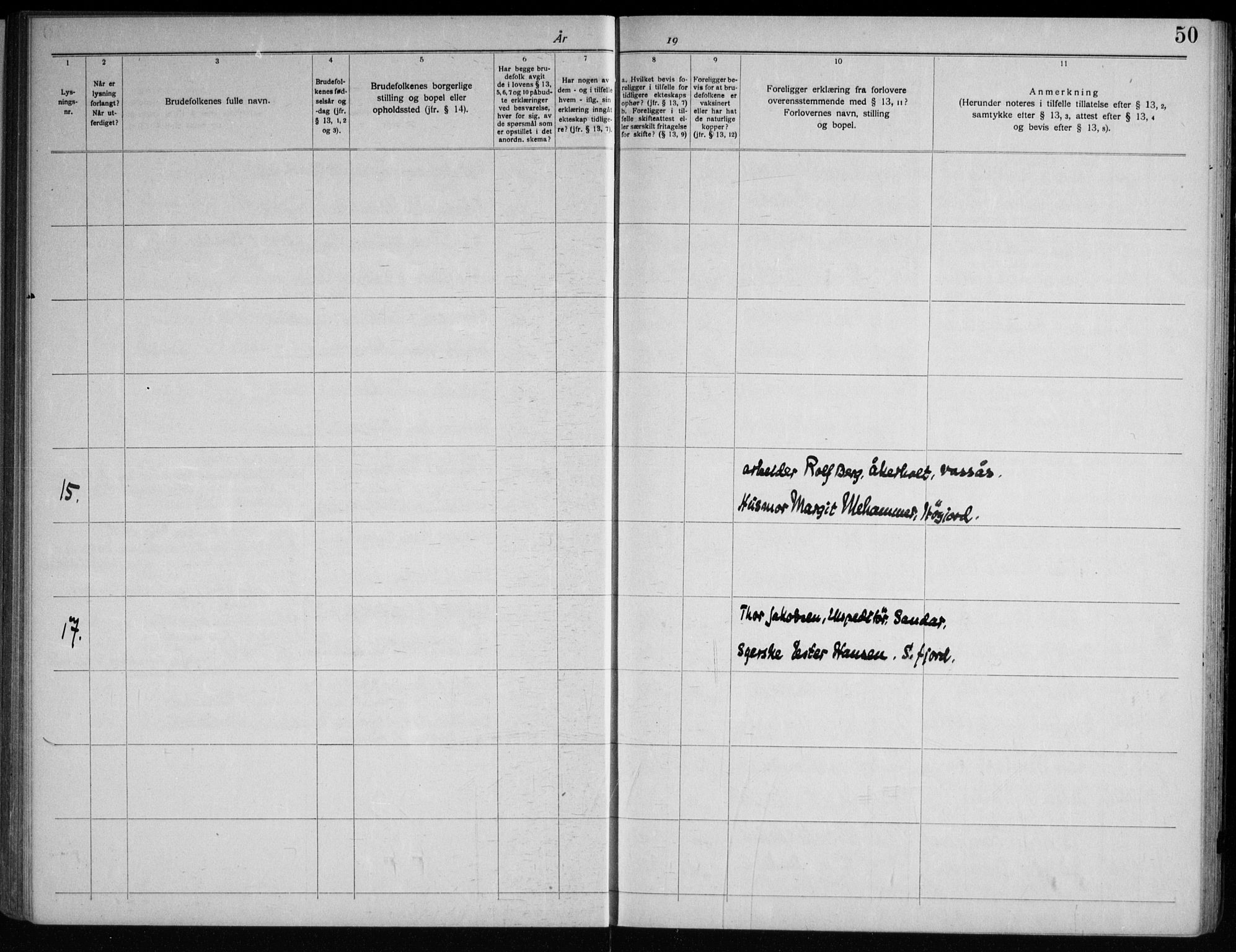 Andebu kirkebøker, AV/SAKO-A-336/H/Ha/L0001: Banns register no. 1, 1919-1964, p. 50