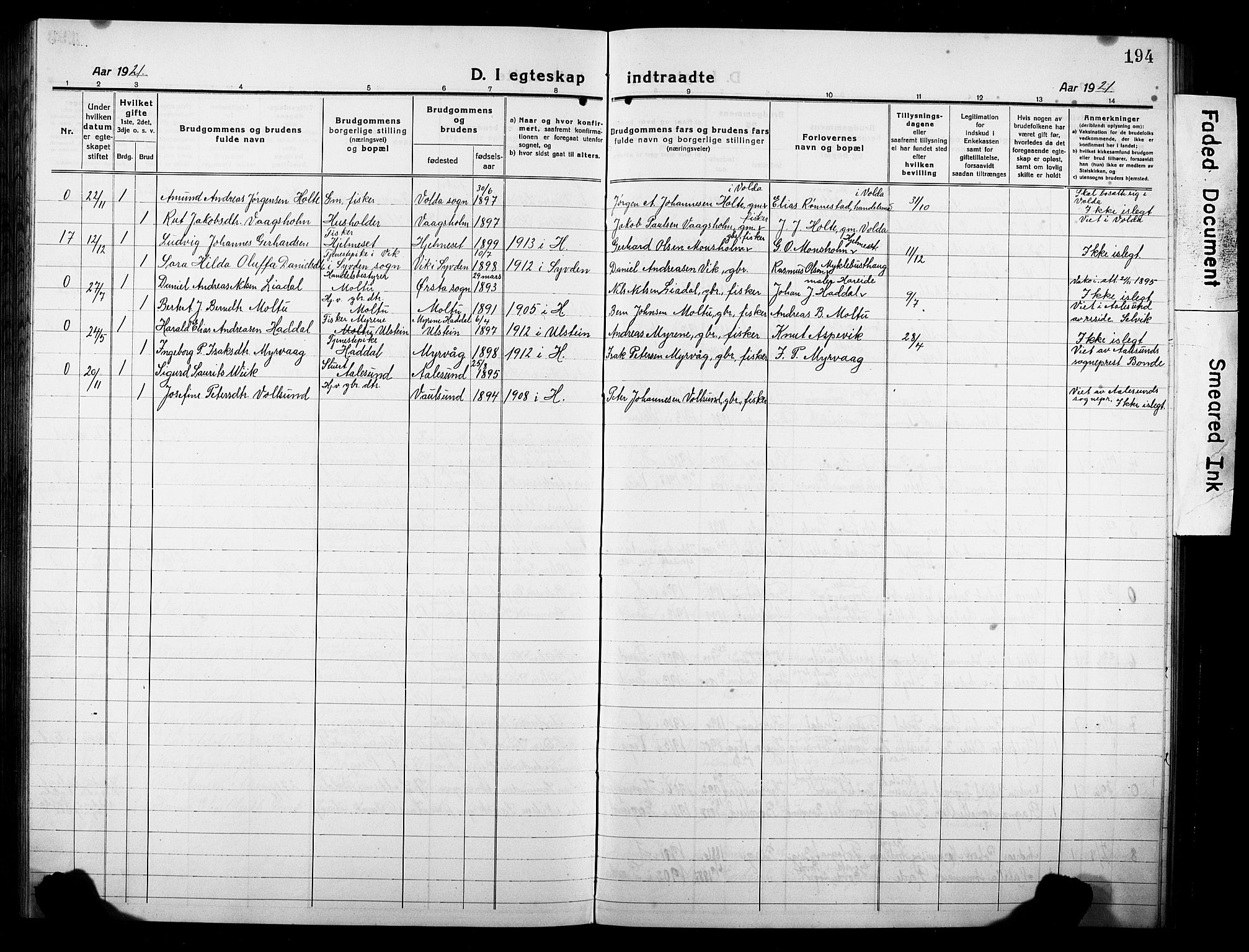 Ministerialprotokoller, klokkerbøker og fødselsregistre - Møre og Romsdal, AV/SAT-A-1454/507/L0084: Parish register (copy) no. 507C07, 1919-1932, p. 194