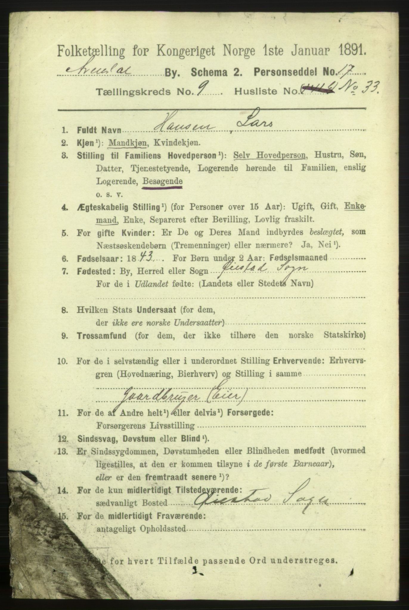 RA, 1891 census for 0903 Arendal, 1891, p. 3633