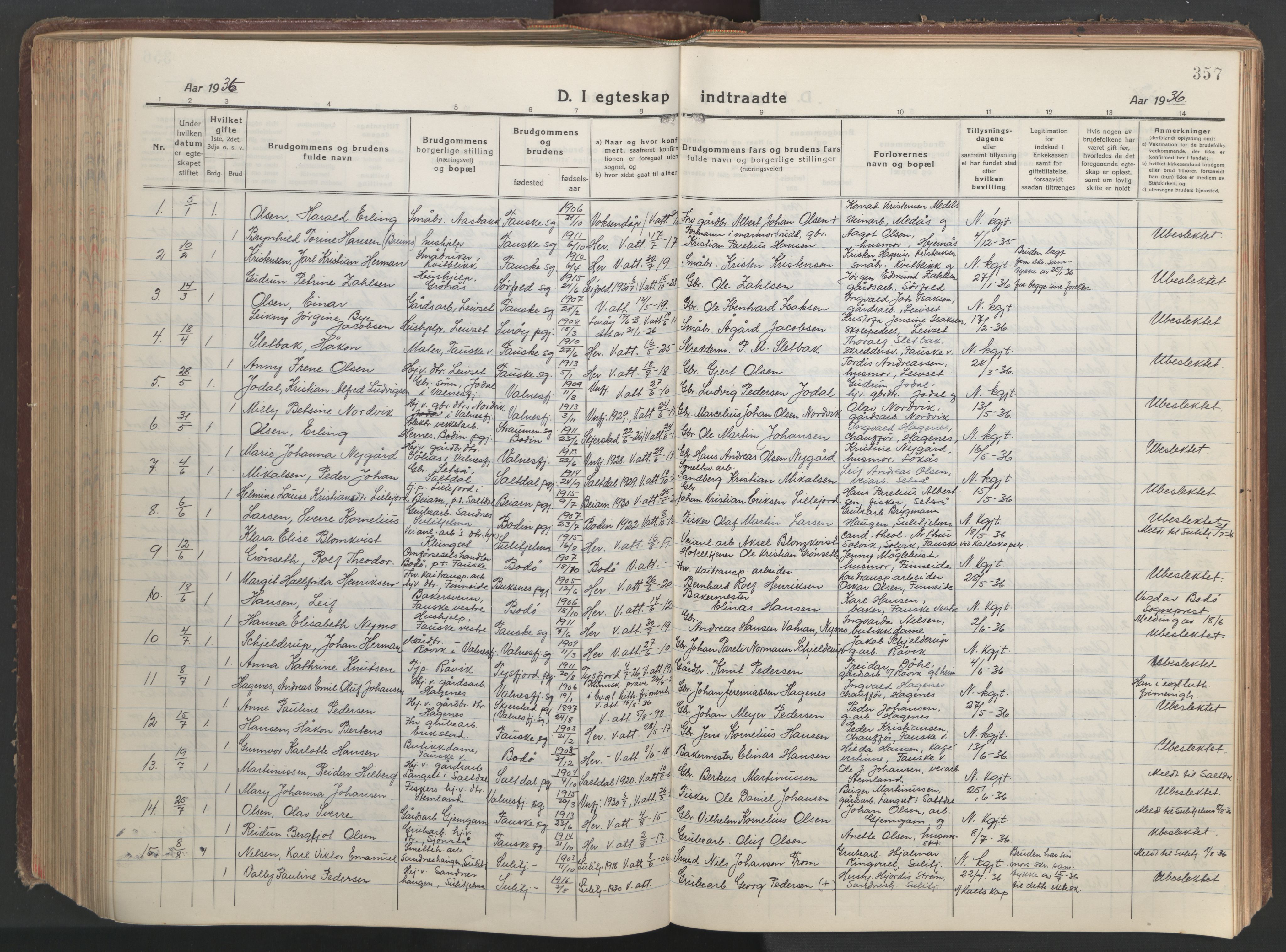 Ministerialprotokoller, klokkerbøker og fødselsregistre - Nordland, AV/SAT-A-1459/849/L0700: Parish register (copy) no. 849C01, 1919-1946, p. 357