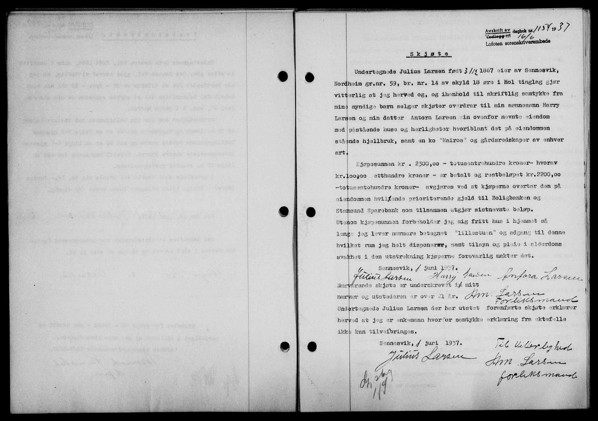 Lofoten sorenskriveri, SAT/A-0017/1/2/2C/L0002a: Mortgage book no. 2a, 1937-1937, Diary no: : 1154/1937