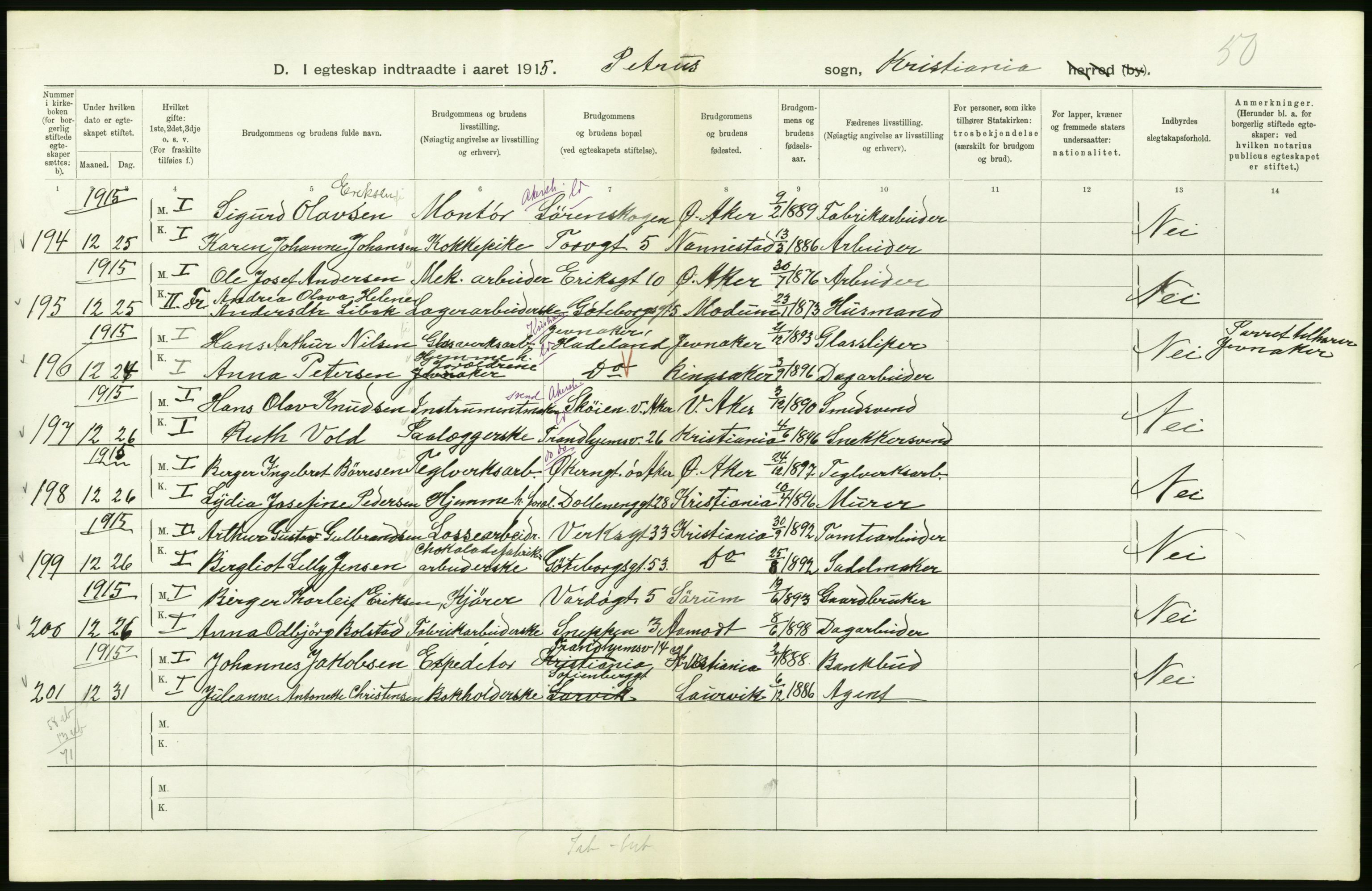 Statistisk sentralbyrå, Sosiodemografiske emner, Befolkning, AV/RA-S-2228/D/Df/Dfb/Dfbe/L0008: Kristiania: Gifte., 1915, p. 452