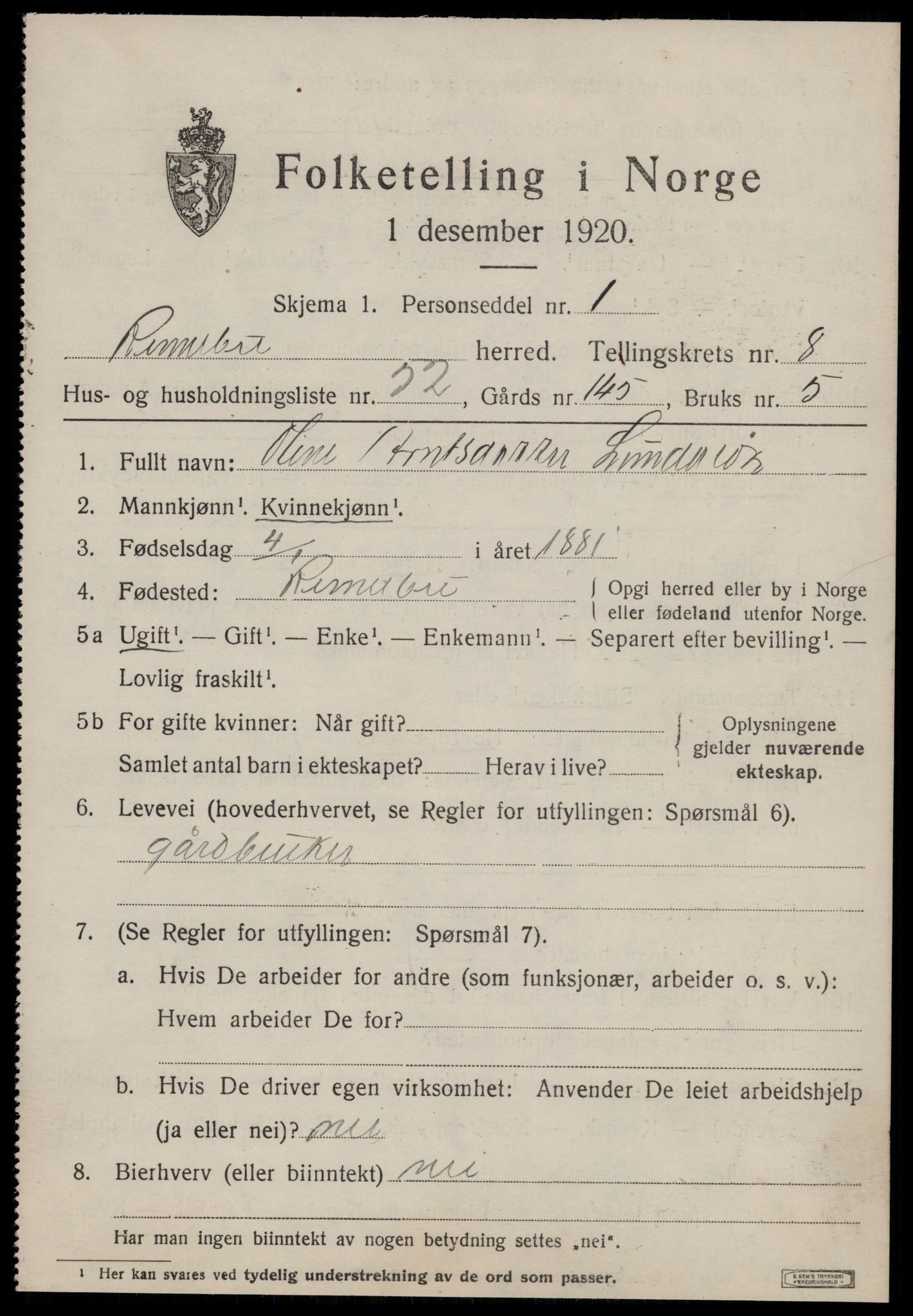 SAT, 1920 census for Rennebu, 1920, p. 5826