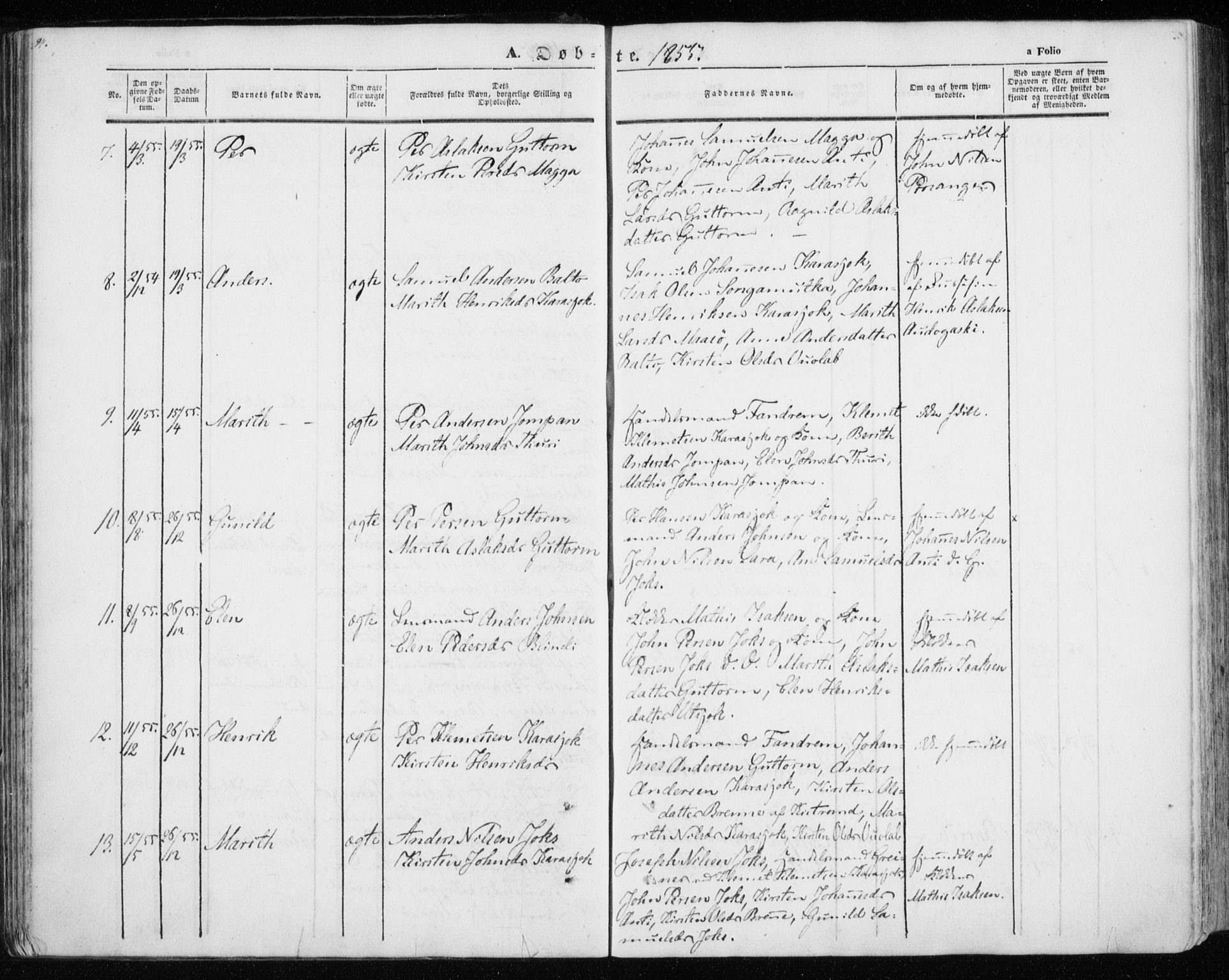 Kistrand/Porsanger sokneprestembete, AV/SATØ-S-1351/H/Ha/L0012.kirke: Parish register (official) no. 12, 1843-1871, p. 94-95