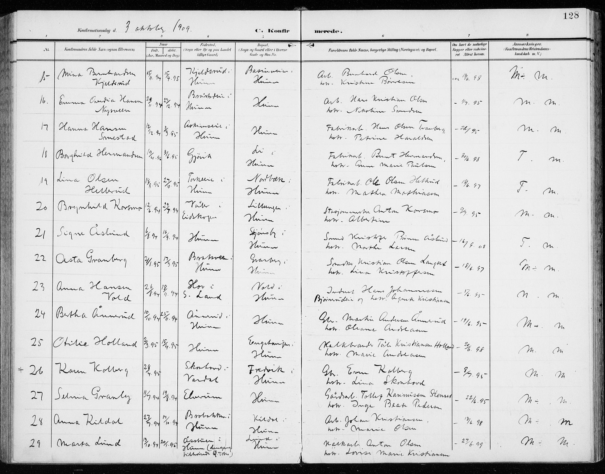 Vardal prestekontor, SAH/PREST-100/H/Ha/Haa/L0016: Parish register (official) no. 16, 1904-1916, p. 128