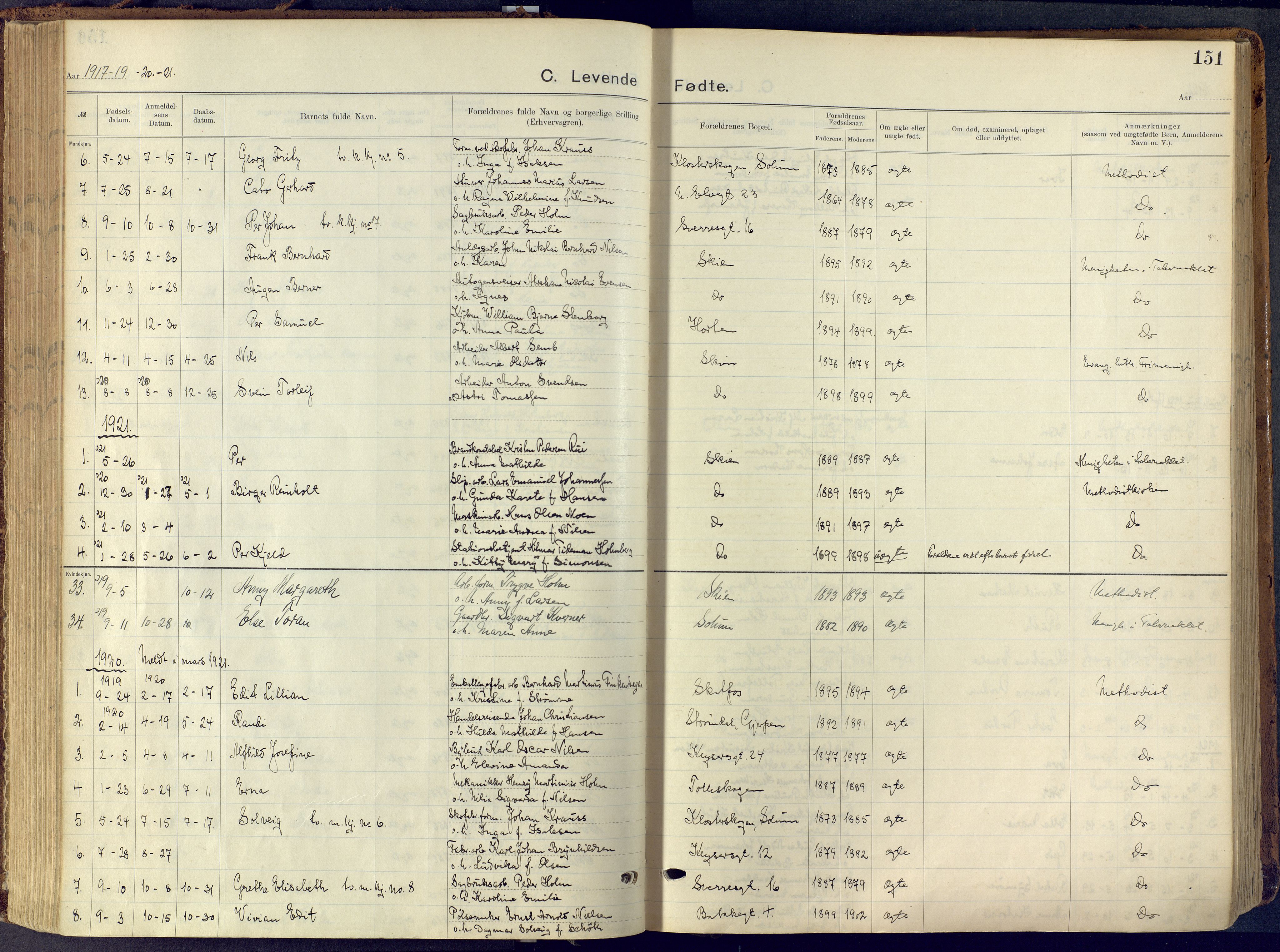 Skien kirkebøker, SAKO/A-302/F/Fa/L0013: Parish register (official) no. 13, 1915-1921, p. 151