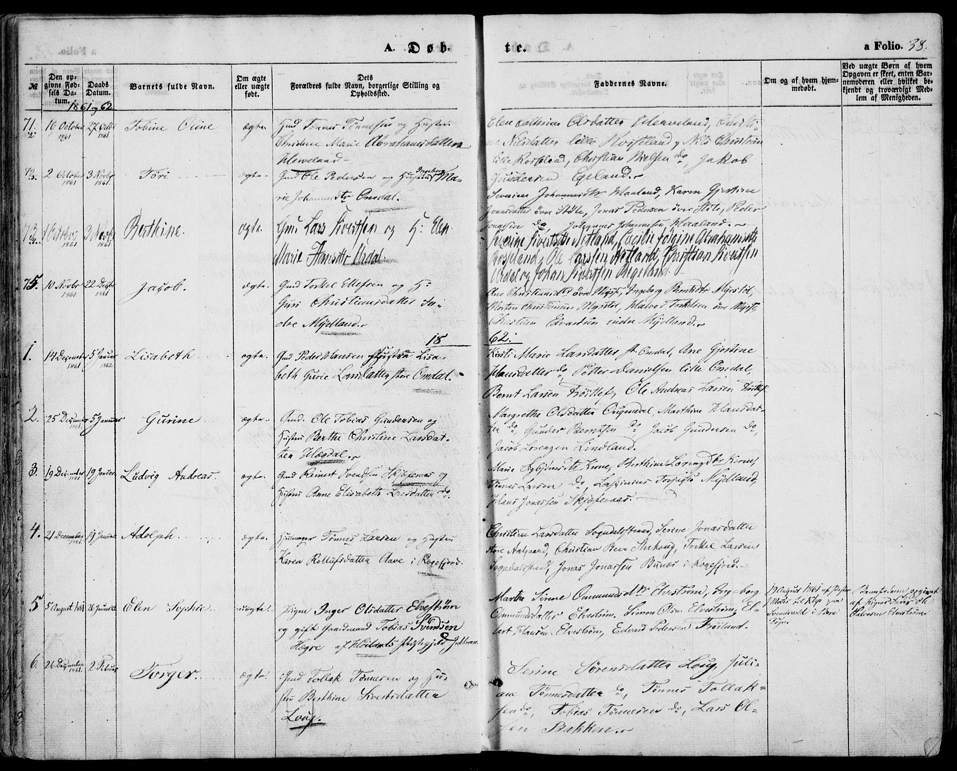 Sokndal sokneprestkontor, AV/SAST-A-101808: Parish register (official) no. A 9, 1857-1874, p. 38