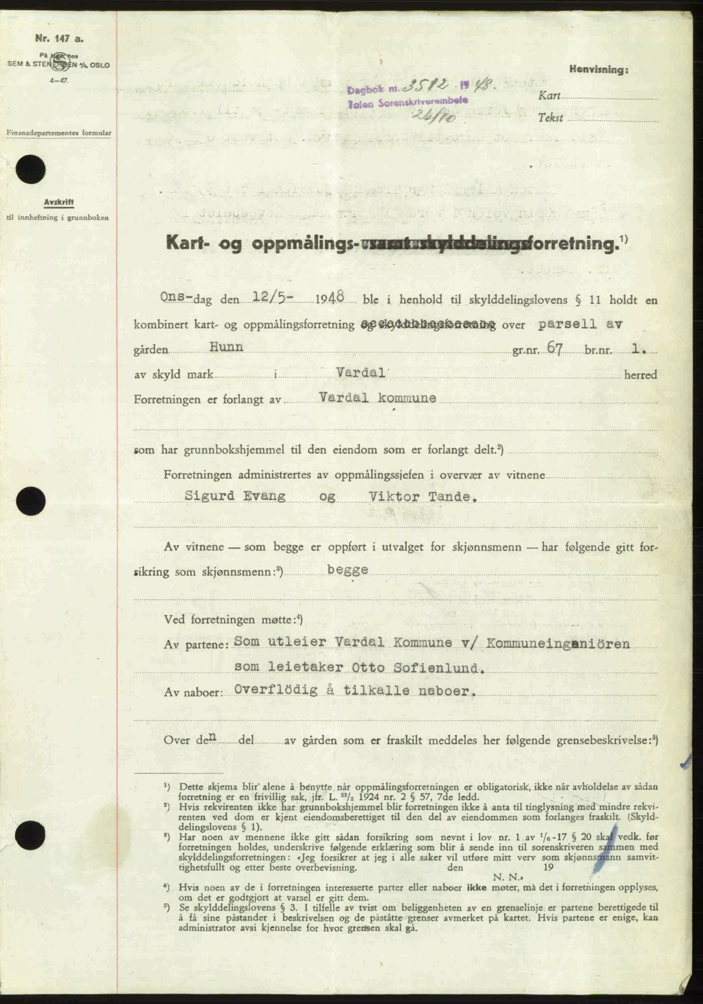 Toten tingrett, SAH/TING-006/H/Hb/Hbc/L0020: Mortgage book no. Hbc-20, 1948-1948, Diary no: : 3512/1948