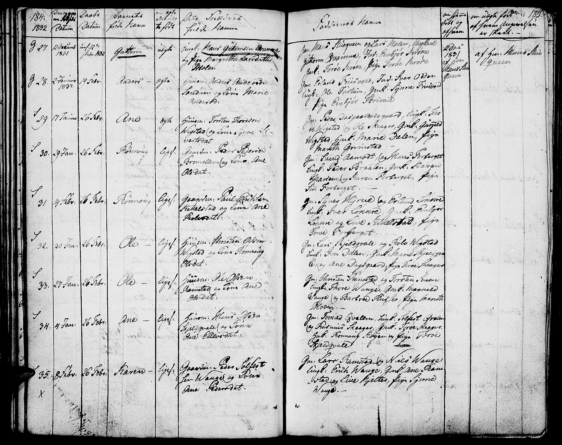 Lom prestekontor, SAH/PREST-070/K/L0005: Parish register (official) no. 5, 1825-1837, p. 184-185