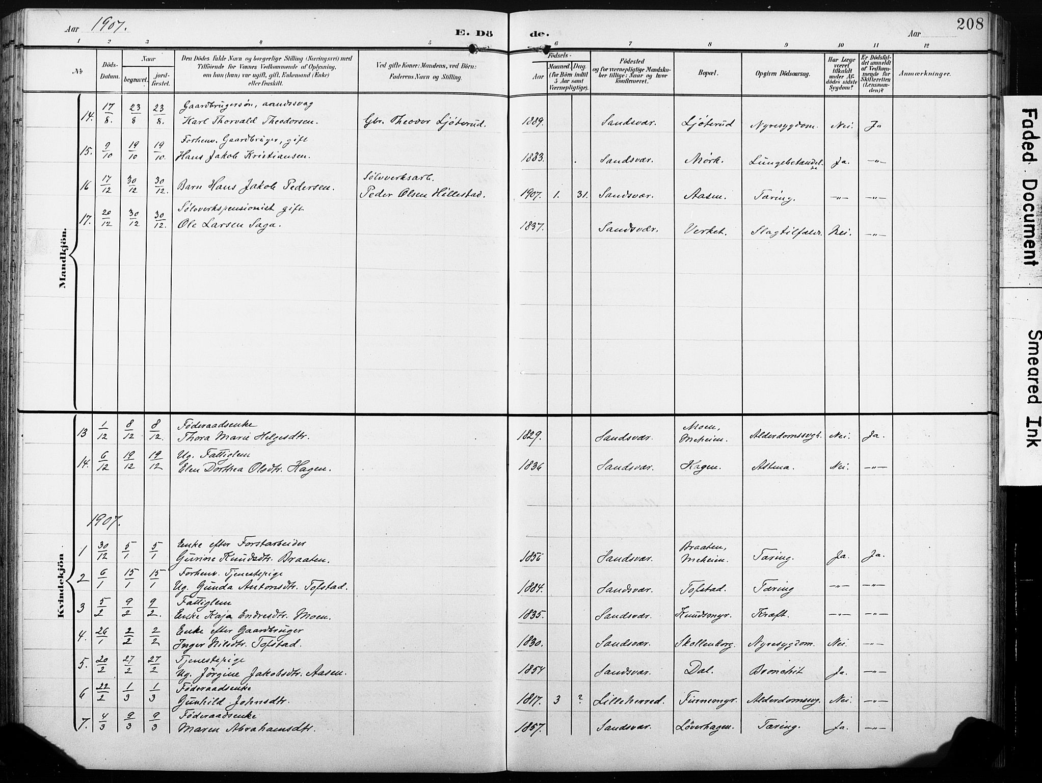 Sandsvær kirkebøker, AV/SAKO-A-244/G/Gd/L0004a: Parish register (copy) no. IV 4A, 1901-1932, p. 208